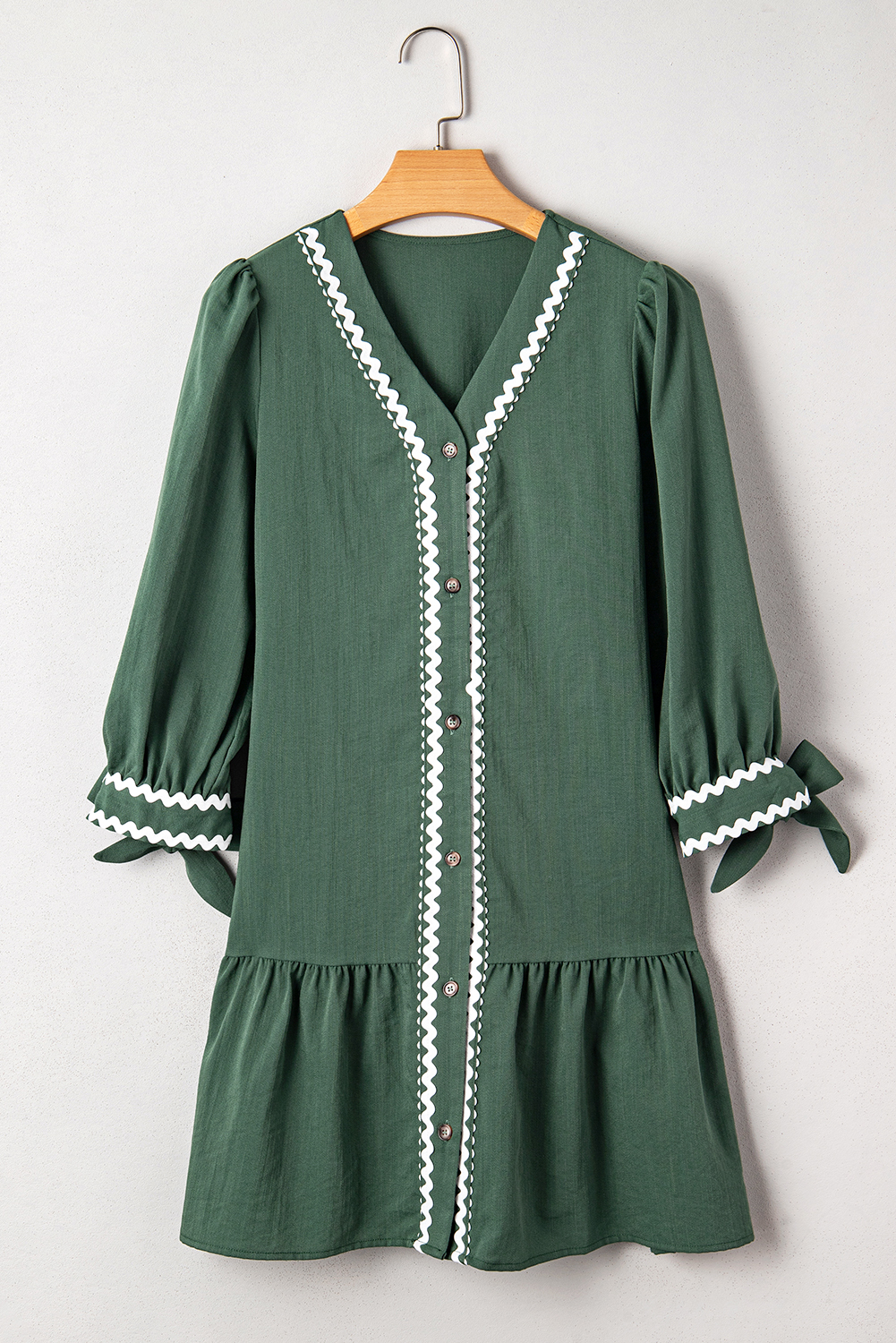 Canton Contrast Ricrac Trim Button V Neck Knotted Bracelet Sleeve Shift Dress - loveforevers