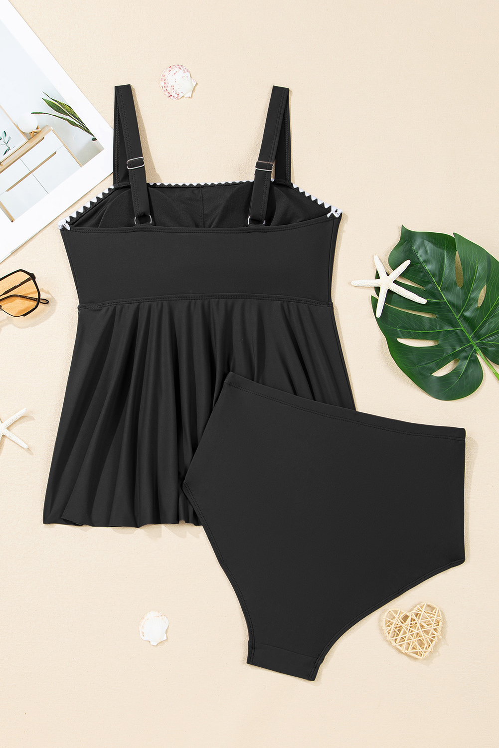Black Spaghetti Straps Contrasted Ricrac Trim Flared Tankini 2pcs Swimsuit - loveforevers