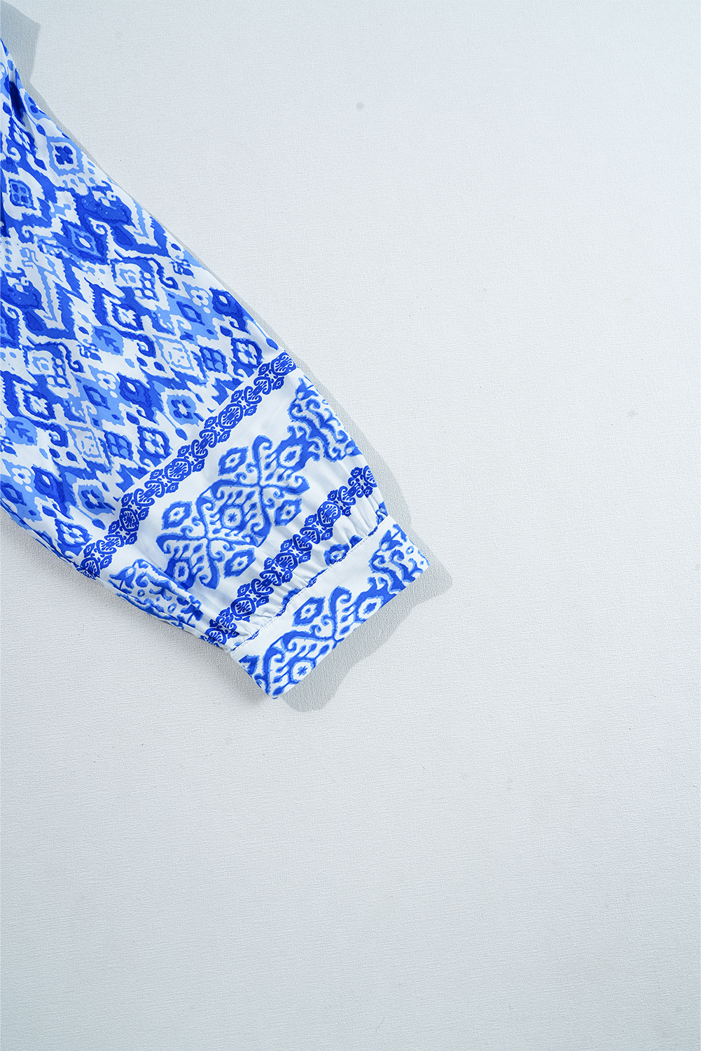 Blue Boho Printed 3/4 Sleeve Tied Neck Blouse - loveforevers
