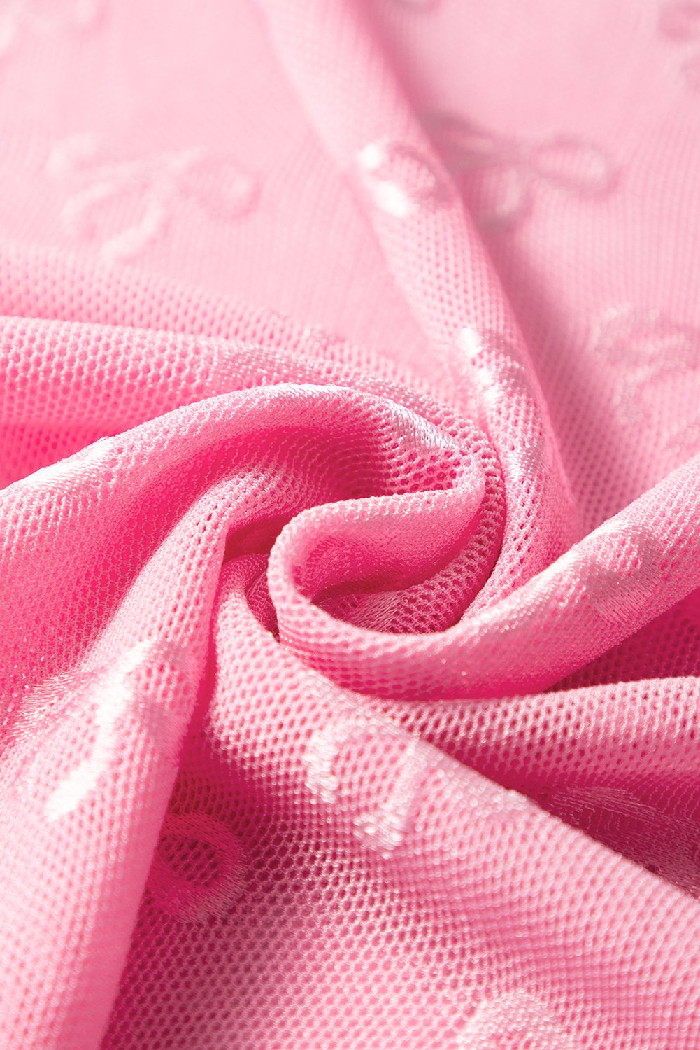 Pink Round Neck Bow Print Long Sleeve Mesh Top - loveforevers