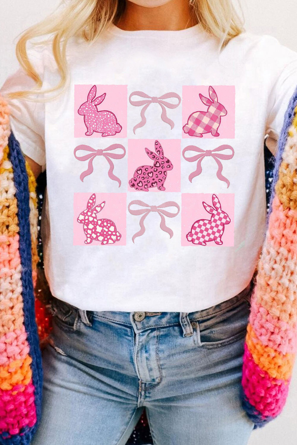 White Bunny Bowknot Graphic Easter Fashion T Shirt - loveforevers