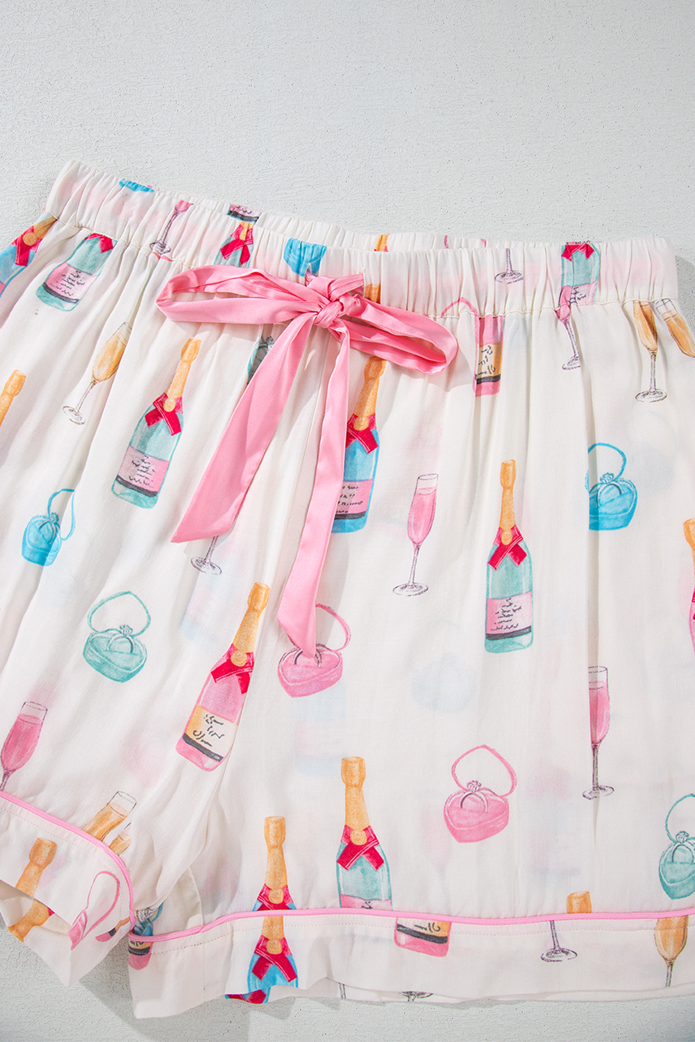White Christmas Wine Glass Print Bow Knot Two Piece Pajama Set - loveforevers
