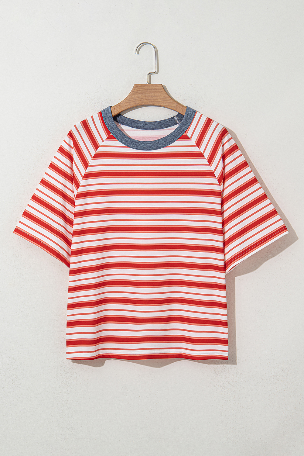 Tomato Red Stripe Print Contrast Collar Raglan Sleeve T Shirt - loveforevers