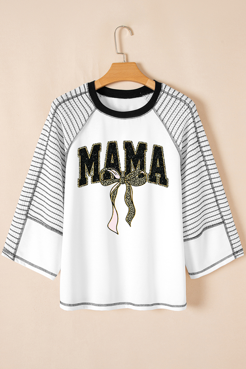 Black MAMA Leopard Bow Print Contrast Sleeves Loose Top - loveforevers