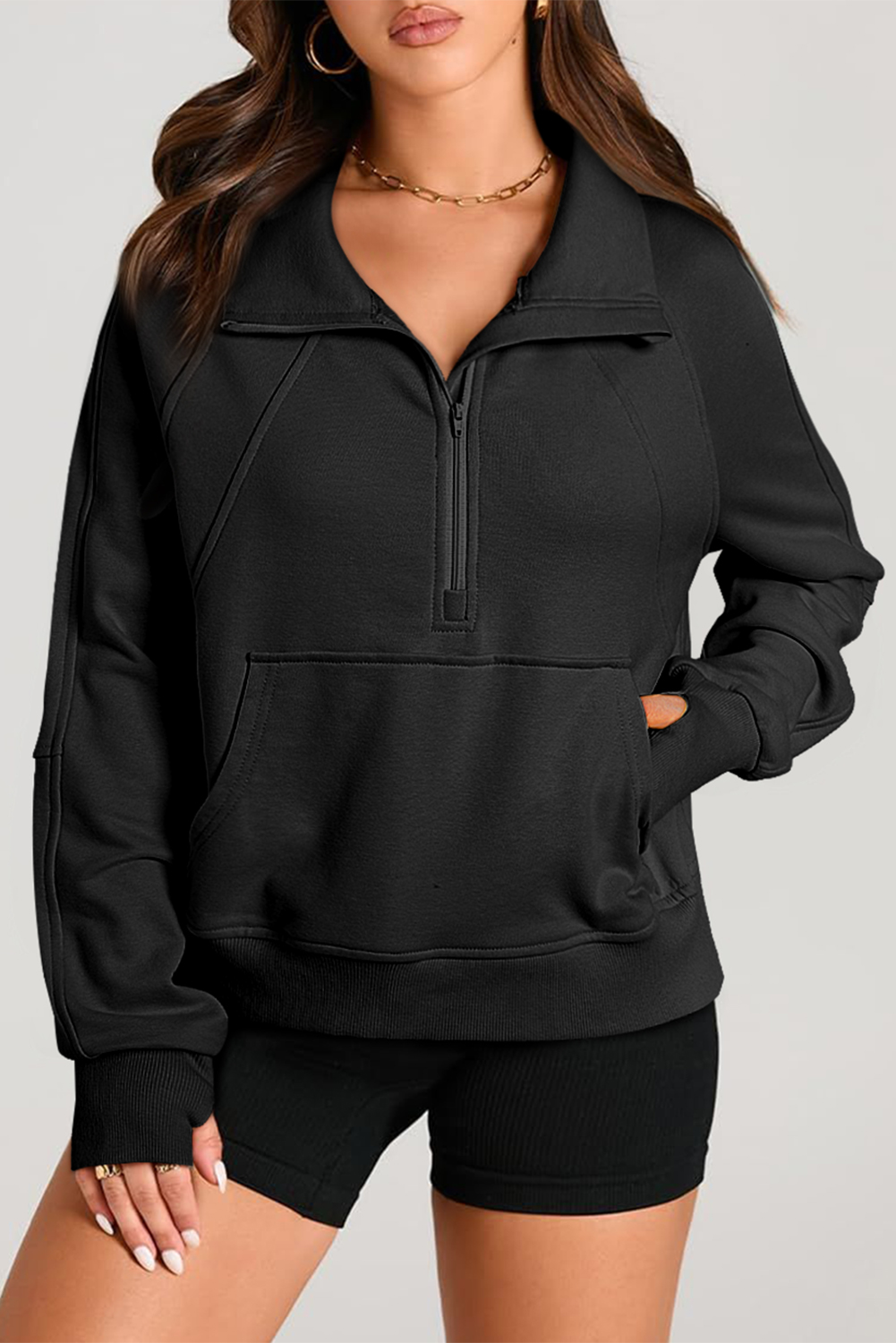 Aruba Blue Quarter Zip Stand Neck Kangaroo Pocket Sweatshirt - loveforevers