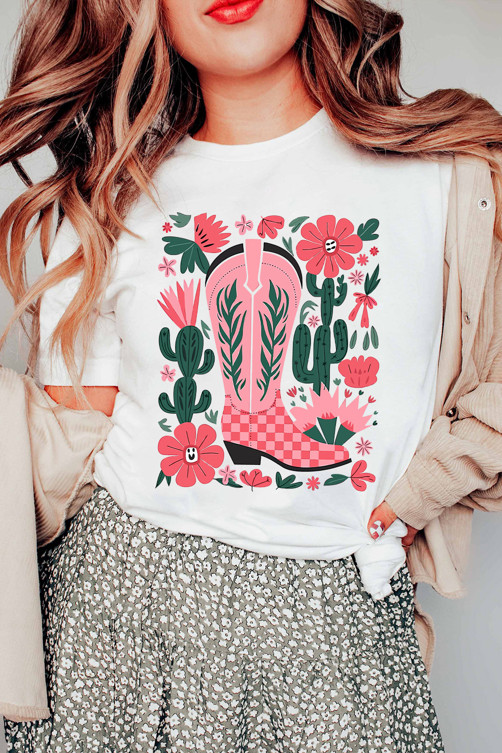 White Western Boots Flower Print Round Neck T Shirt - loveforevers