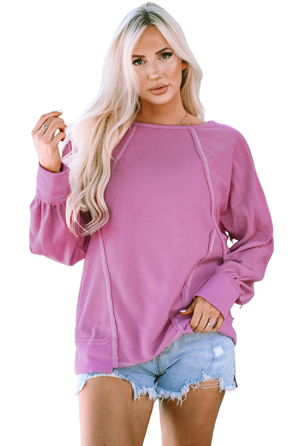Pink Exposed Seam Round Neck Terry Pullover - loveforevers