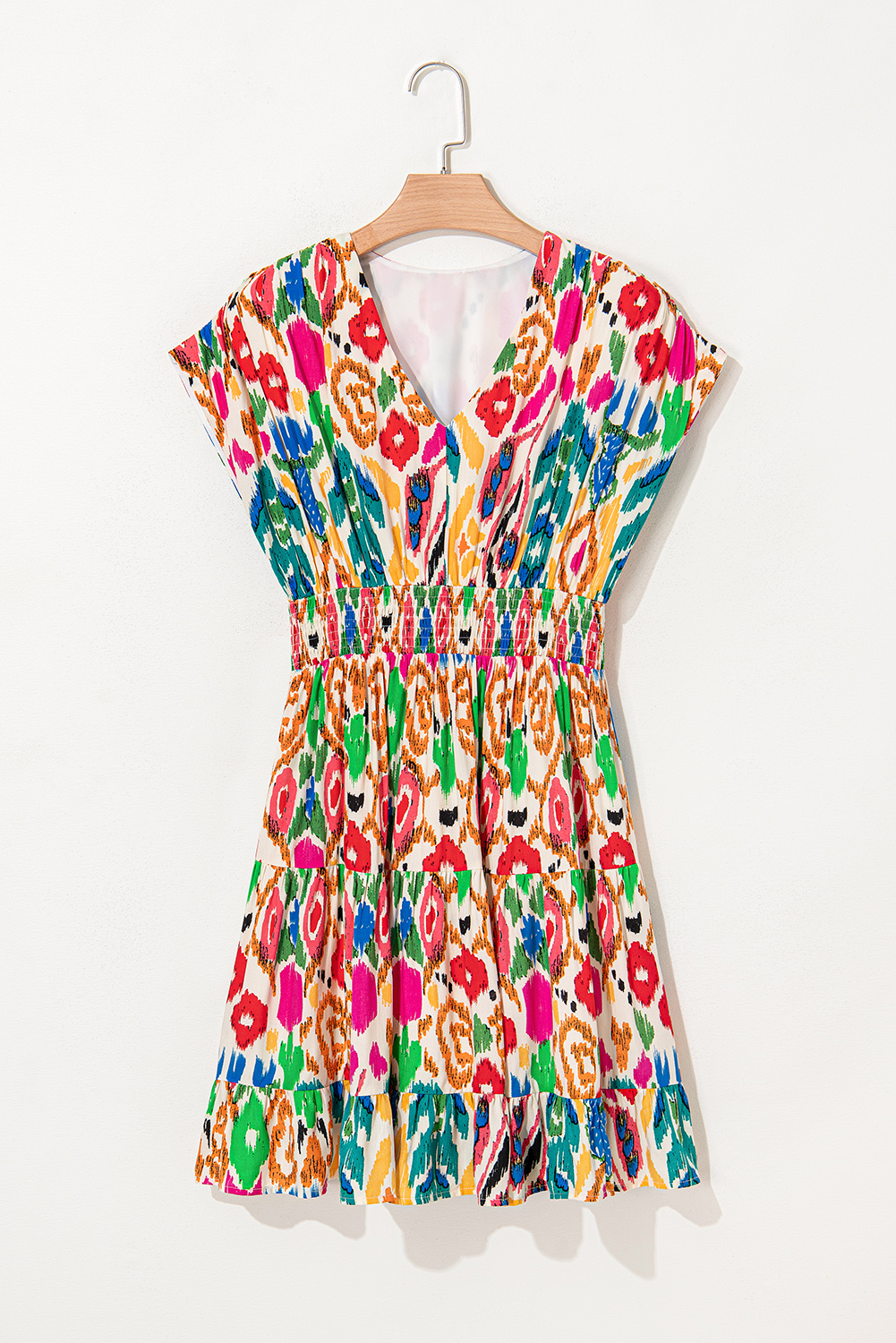 Sky Blue Abstract Print V Neck Dolman Sleeve Ruffle Tiered Mini Dress - loveforevers