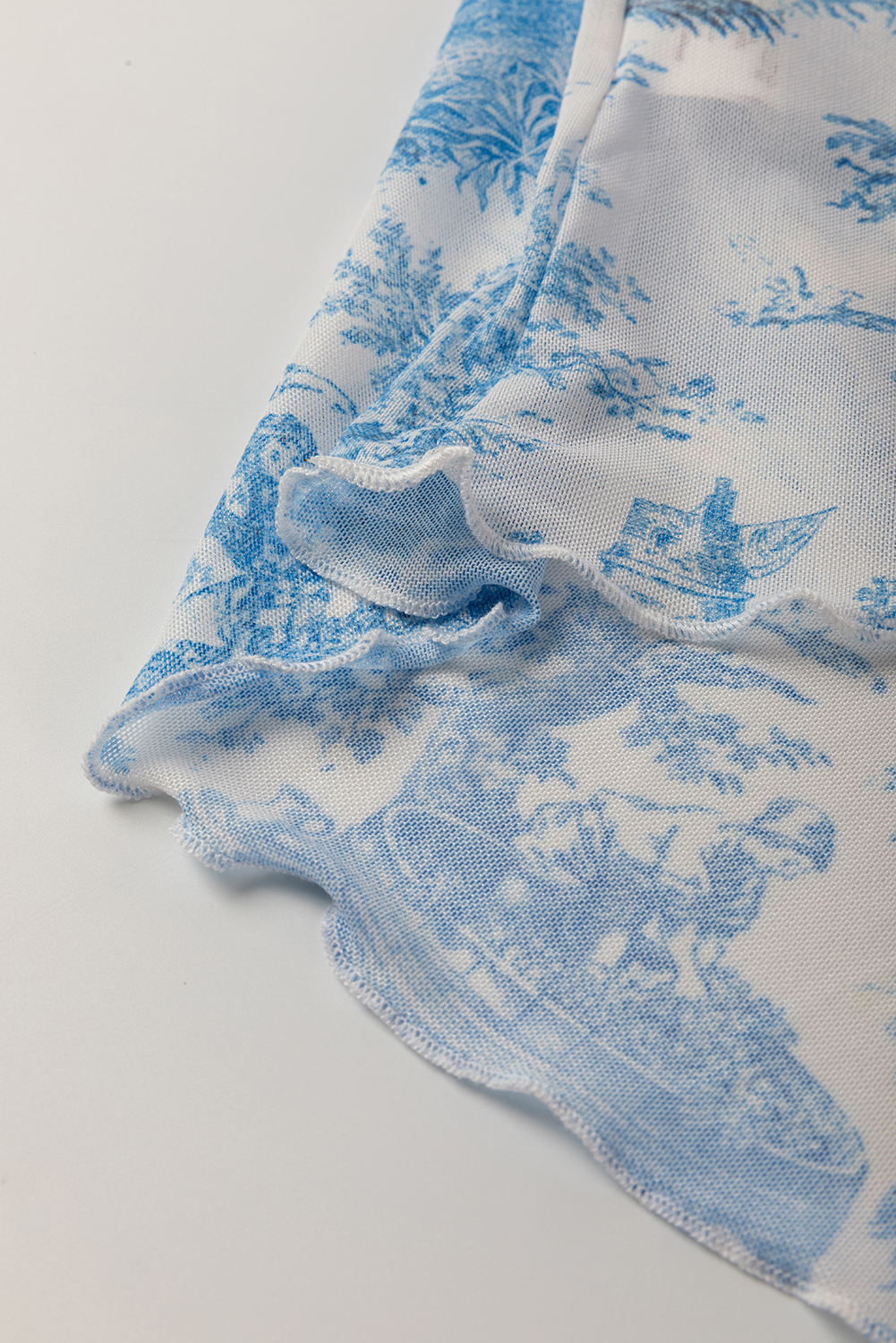 Sky Blue Random Printed Mesh Bow Detail Halterneck Tank Top - loveforevers