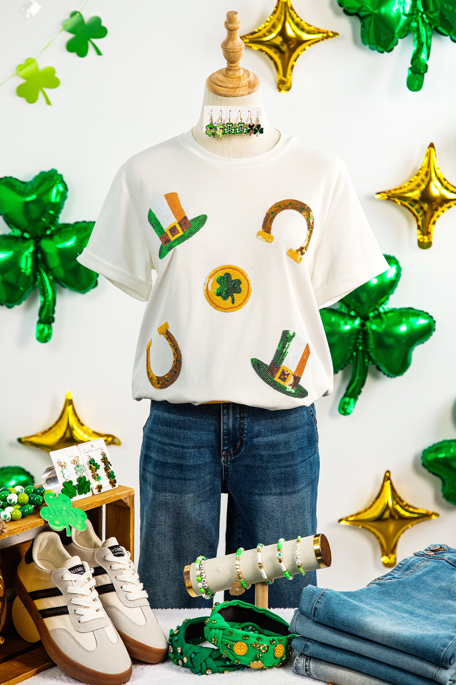 White St Patricks Day Sequin Graphic Casual T Shirt - loveforevers