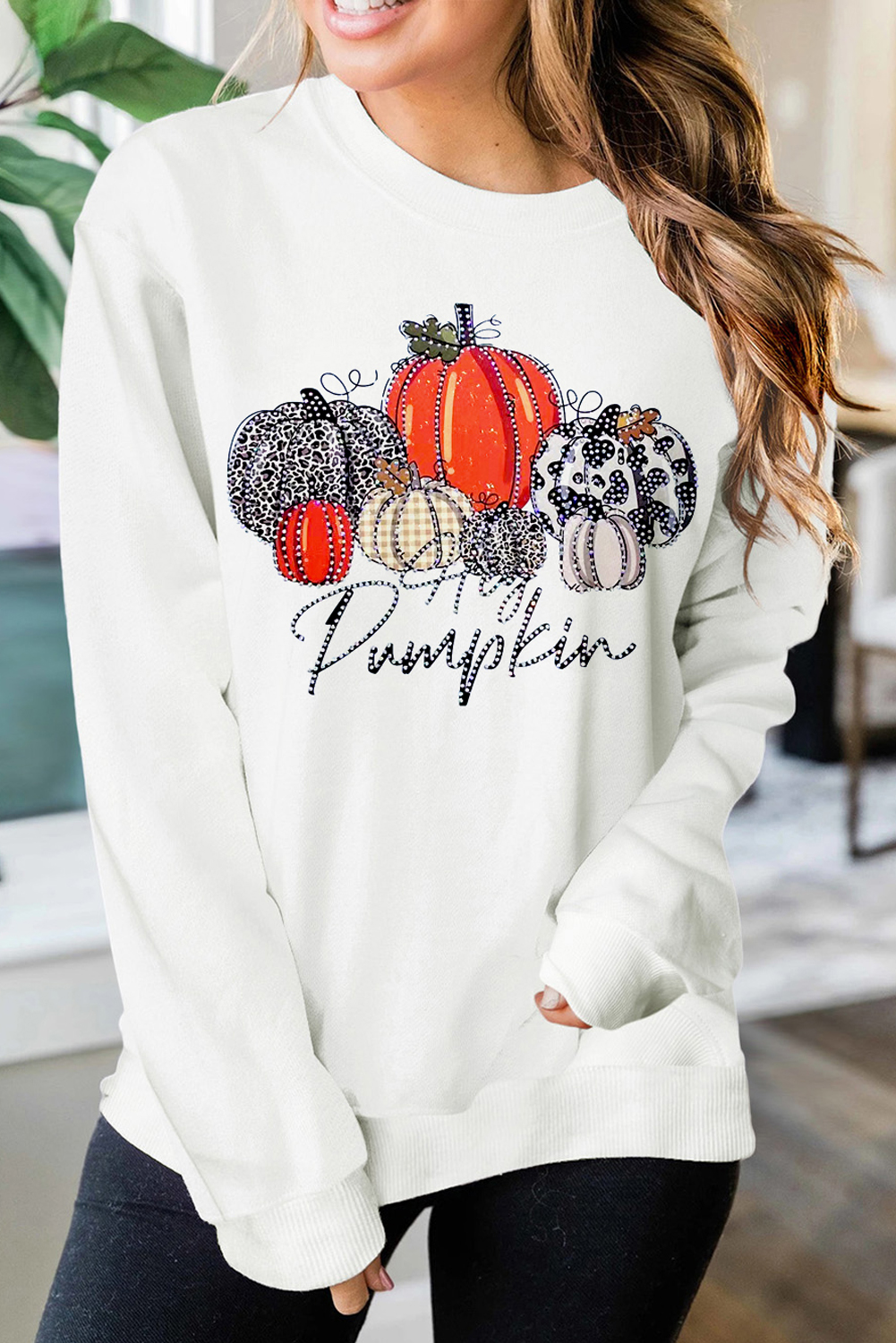 Beige Rhinestone Pumpkin Graphic Crewneck Thanksgiving Sweatshirt - loveforevers