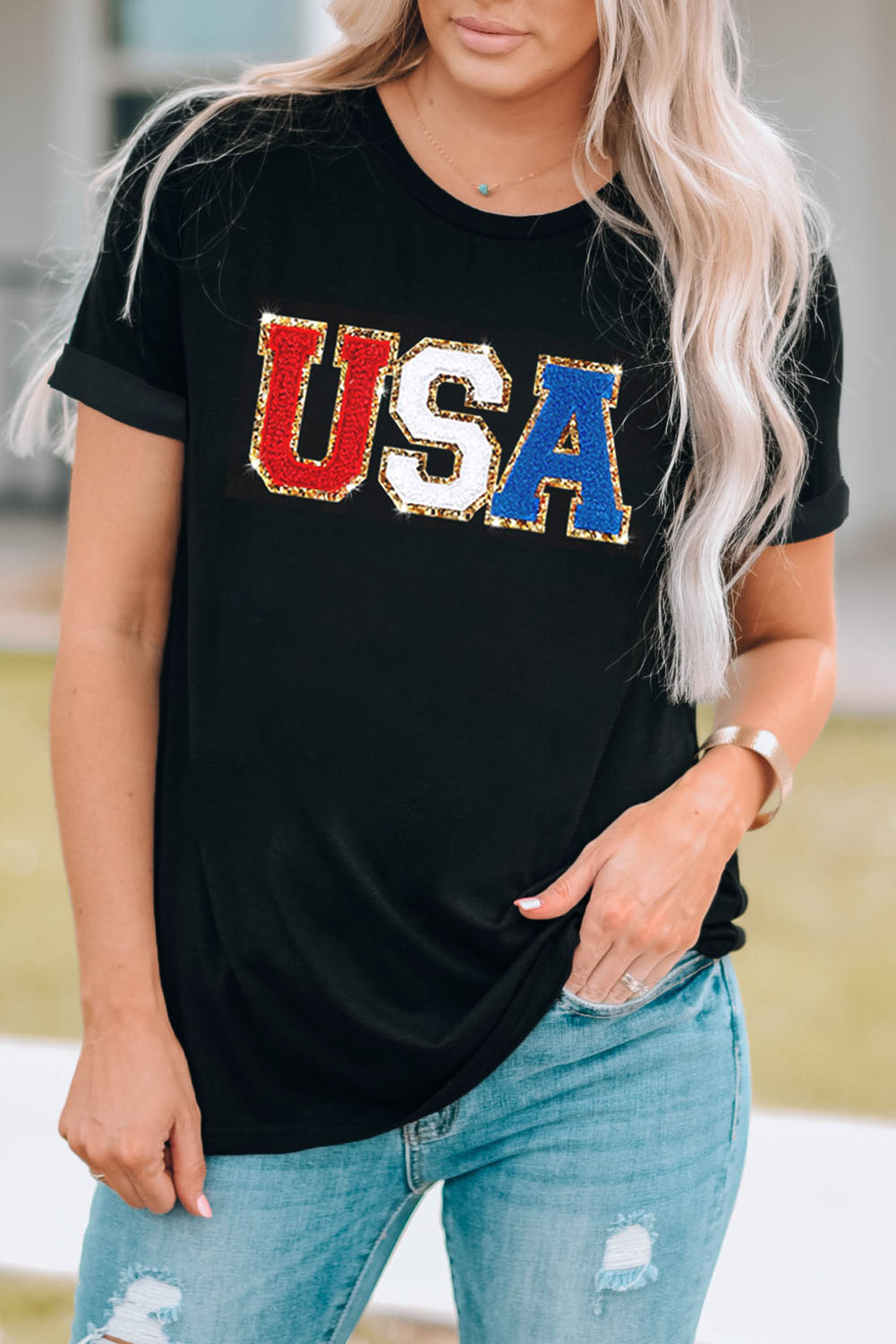 Gray Blooming USA Flag Print Casual T Shirt - loveforevers