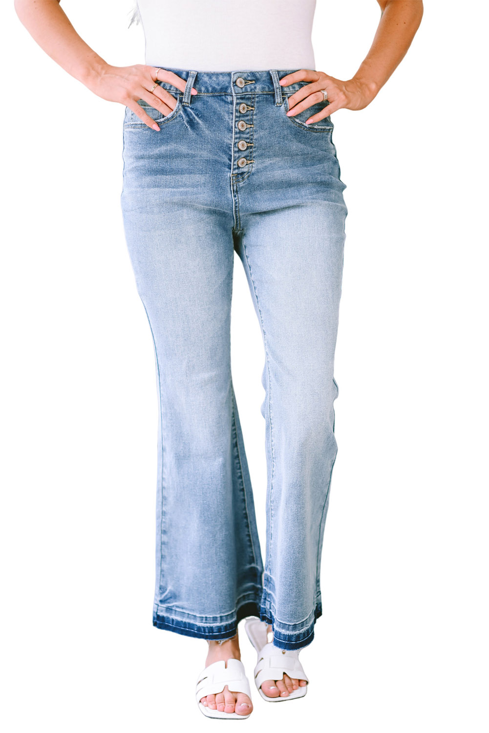 Sky Blue High Waist Buttoned Distressed Flared Jeans - loveforevers