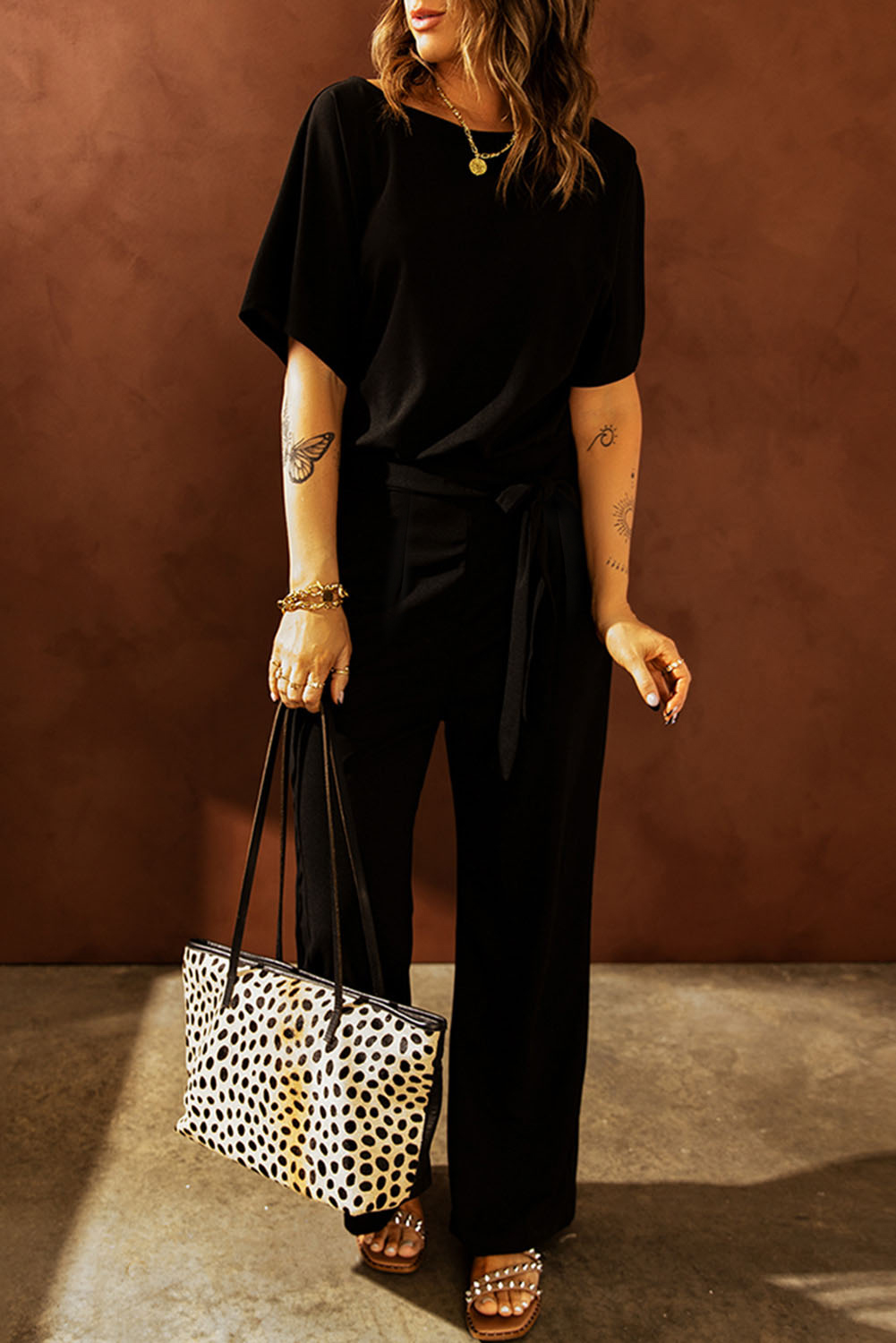Black Dolman Sleeve Belted Straight Leg Jumpsuit - loveforevers