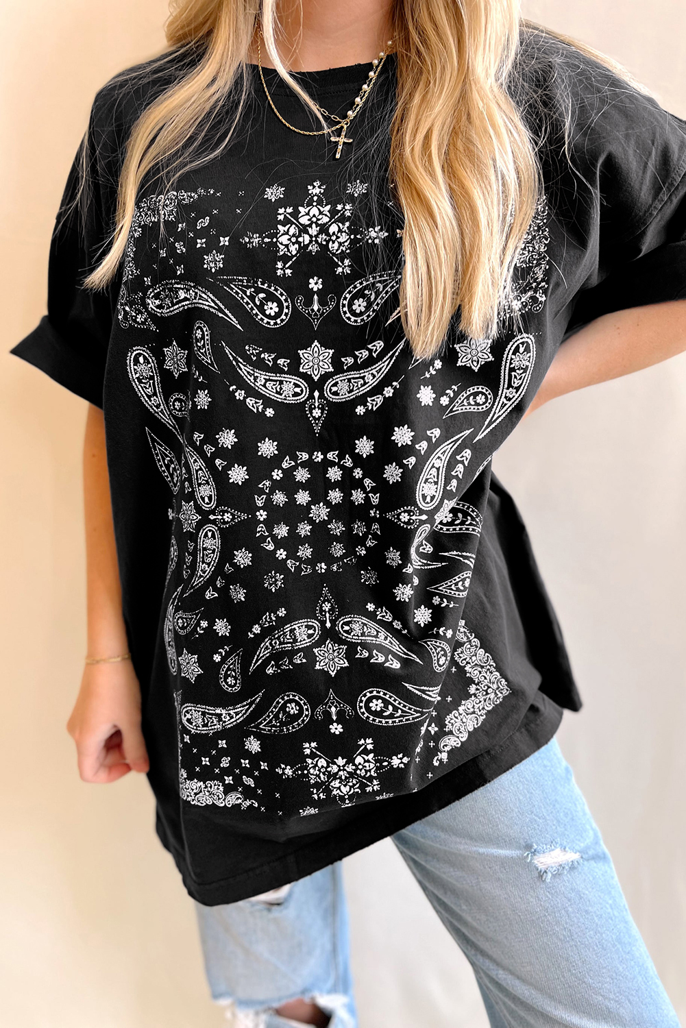 Black Paisley Print Crew Neck Loose Fit Tunic Tee - loveforevers