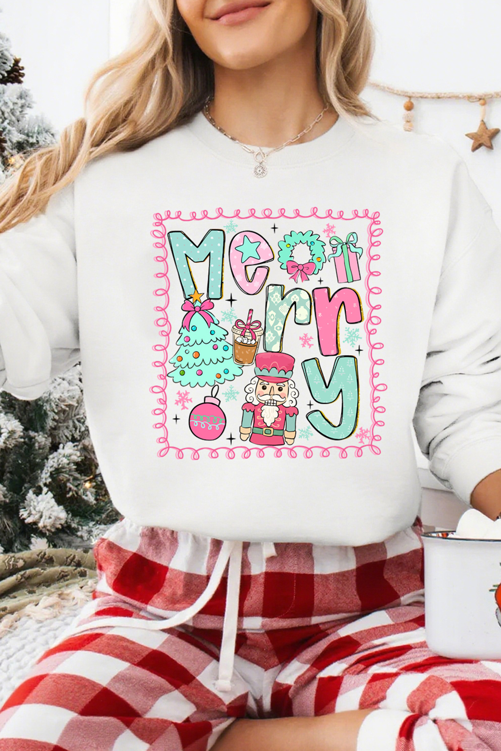 White Merry Christmas Fashion Print Cotton Blend Sweatshirt - loveforevers