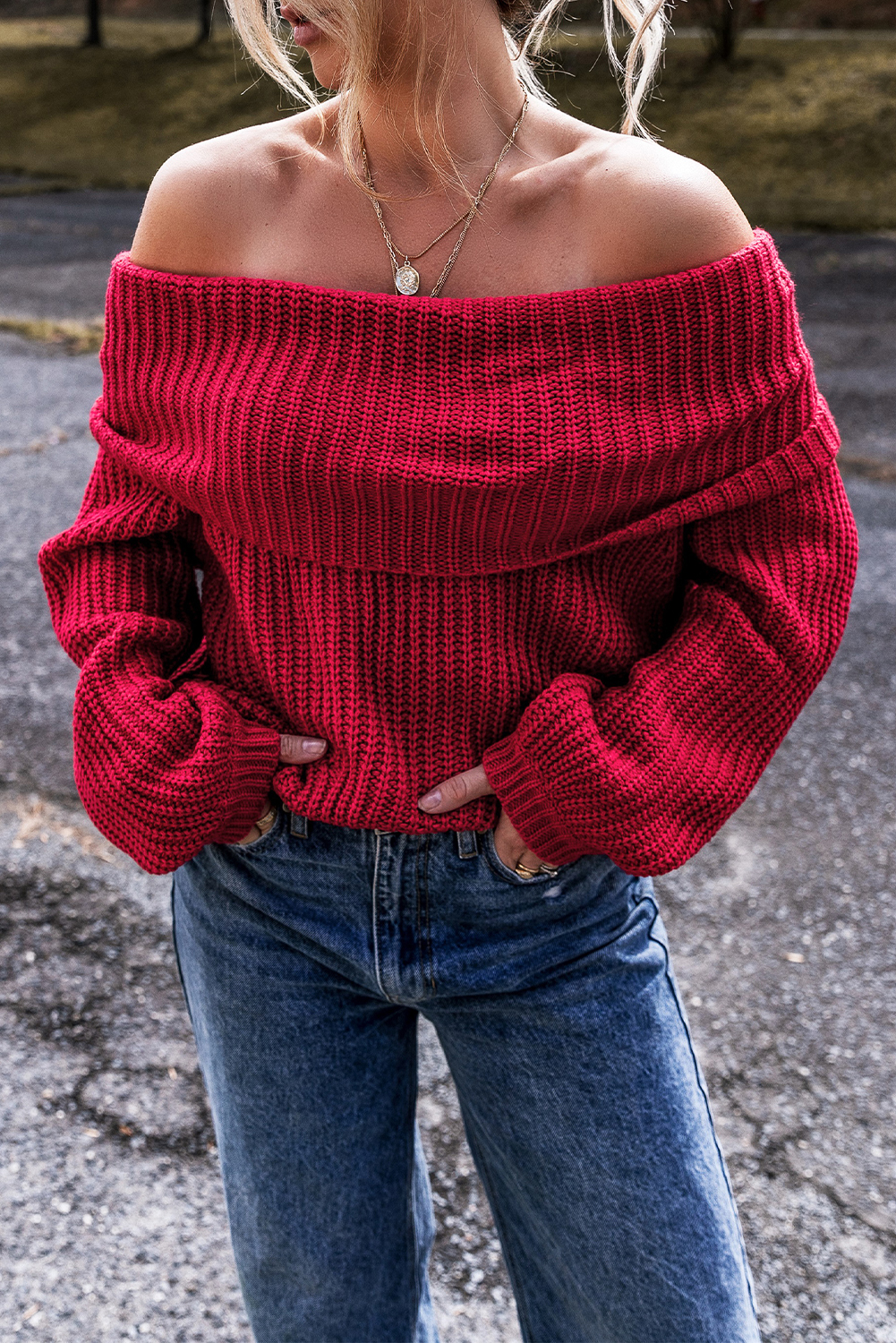Racing Red Off-the-shoulder Knit Sweater - loveforevers