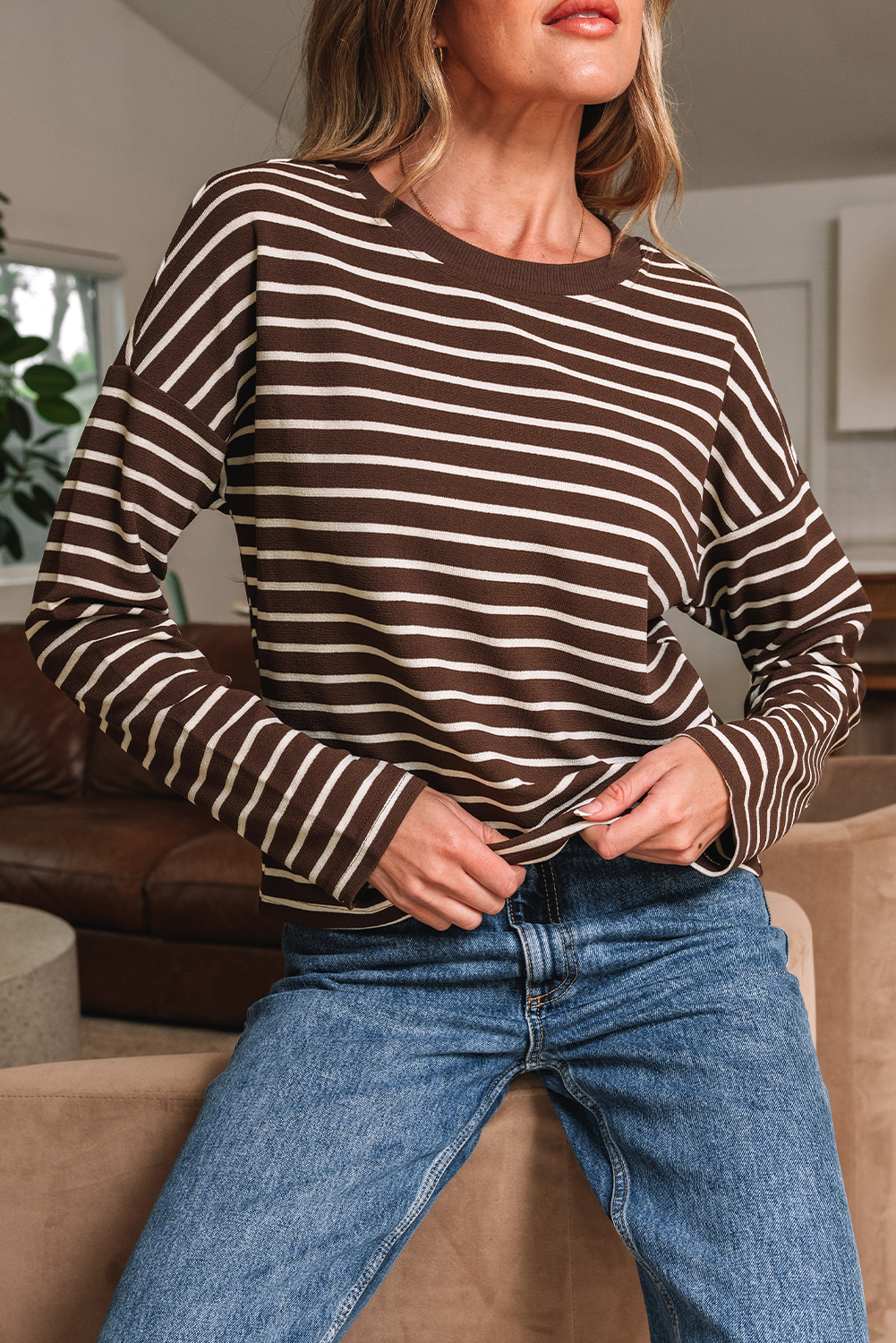 Brown Stripe Ribbed Cropped Crew Neck Long Sleeve T Shirt - loveforevers
