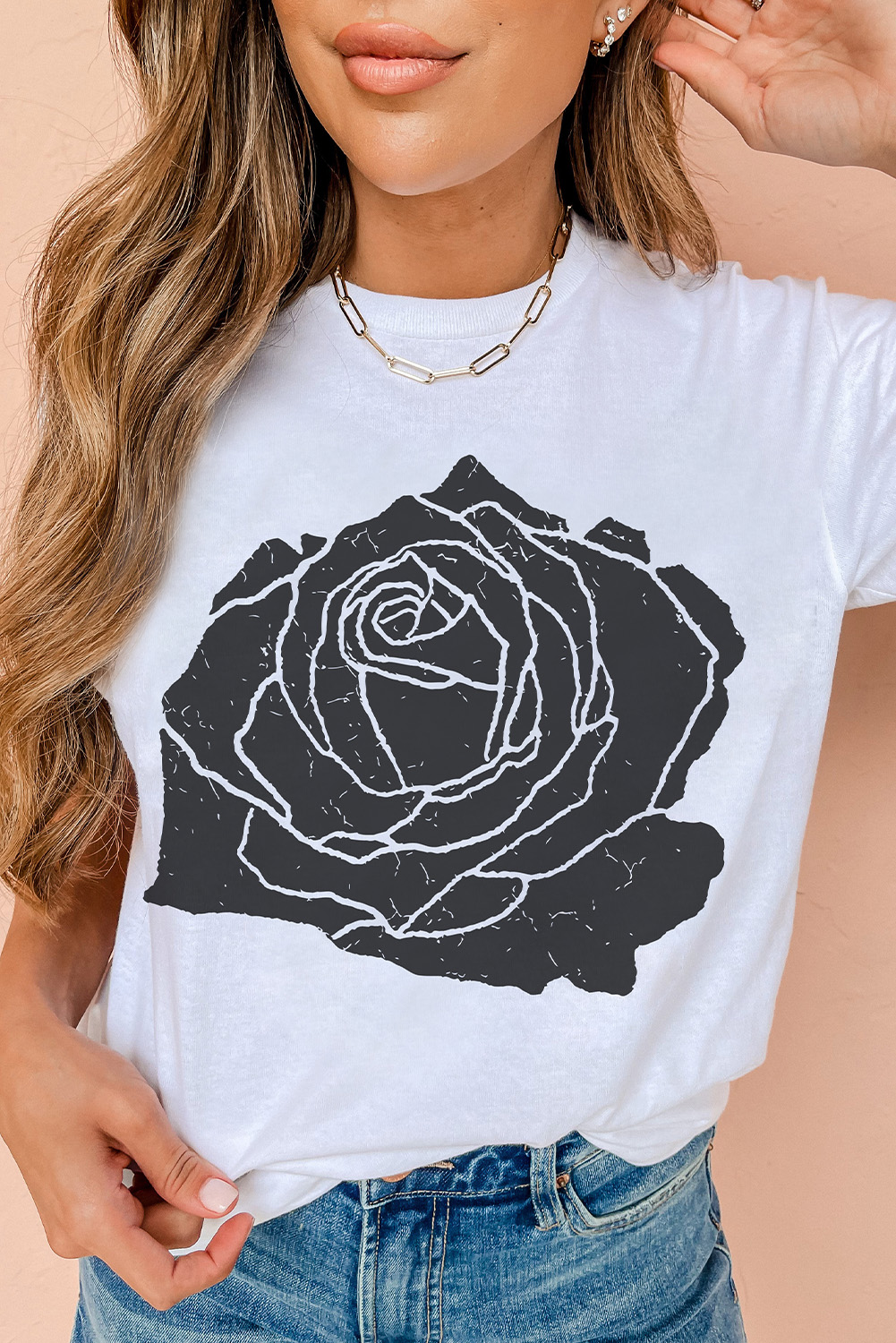 White Large Rose Print Round Neck T Shirt - loveforevers