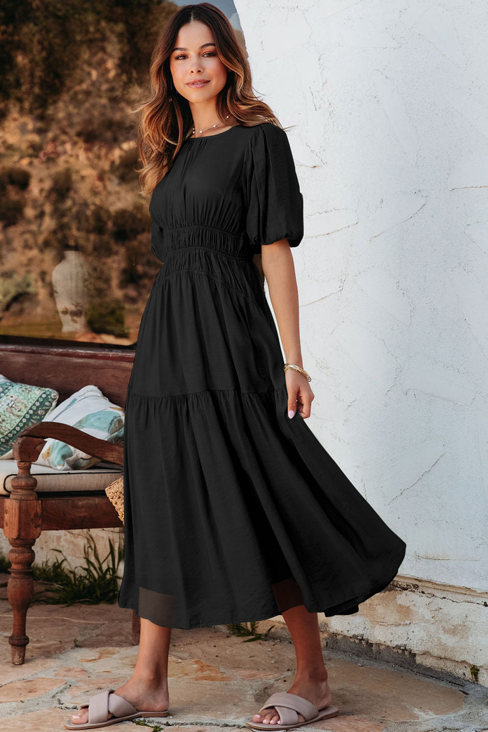 Black Puff Sleeve Pleated High Waist Flowy Midi Dress - loveforevers