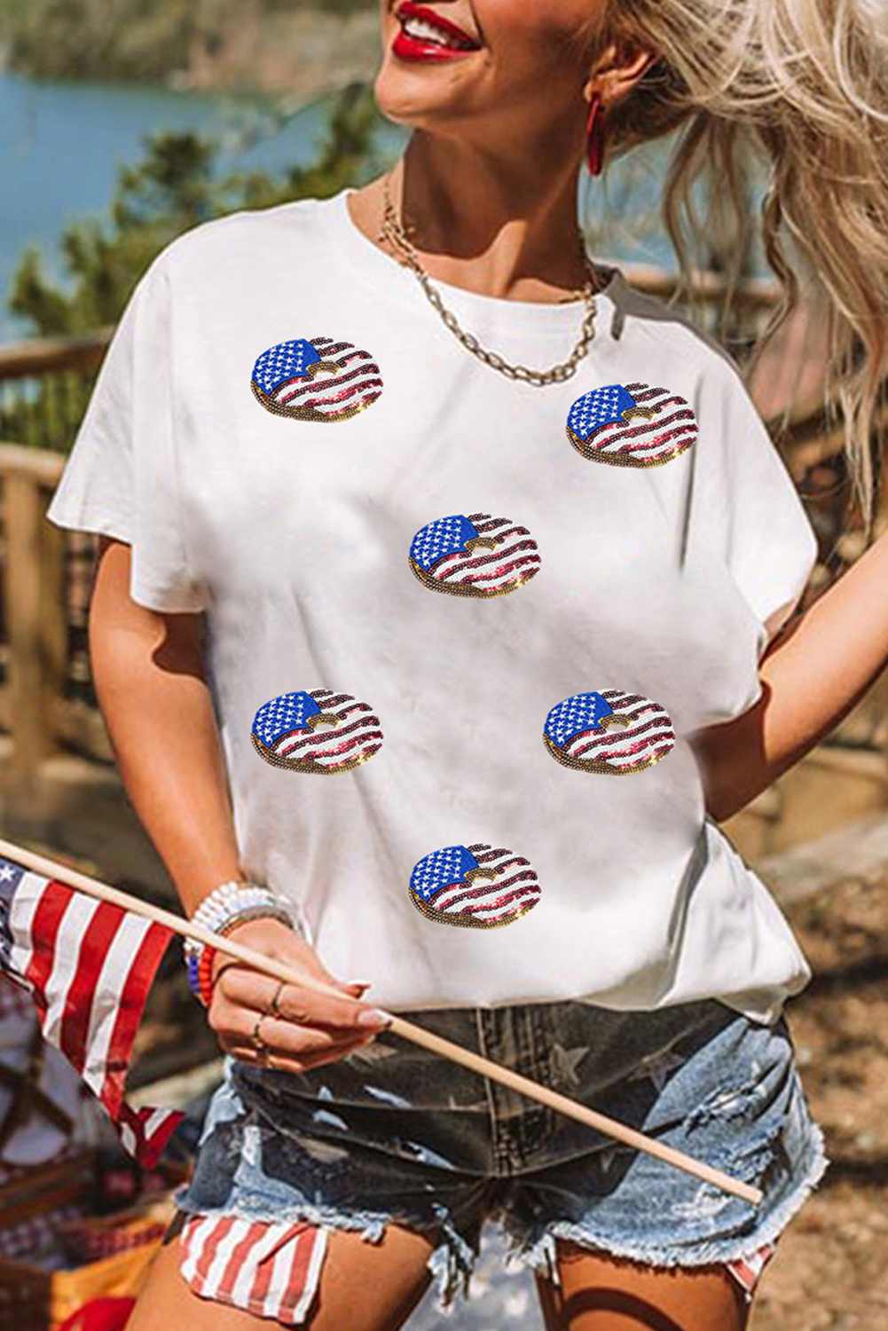 White Sequined Flag Pattern Donuts Graphic T Shirt - loveforevers