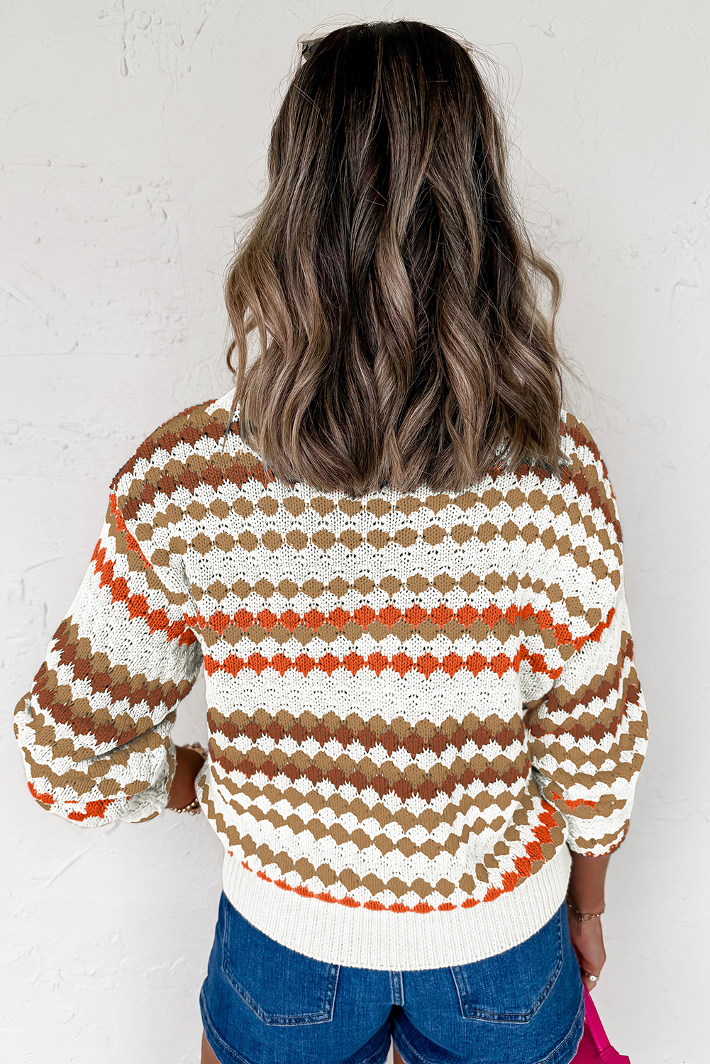 Brown Stripe Eyelet Patterned Drop Shoulder Sweater - loveforevers