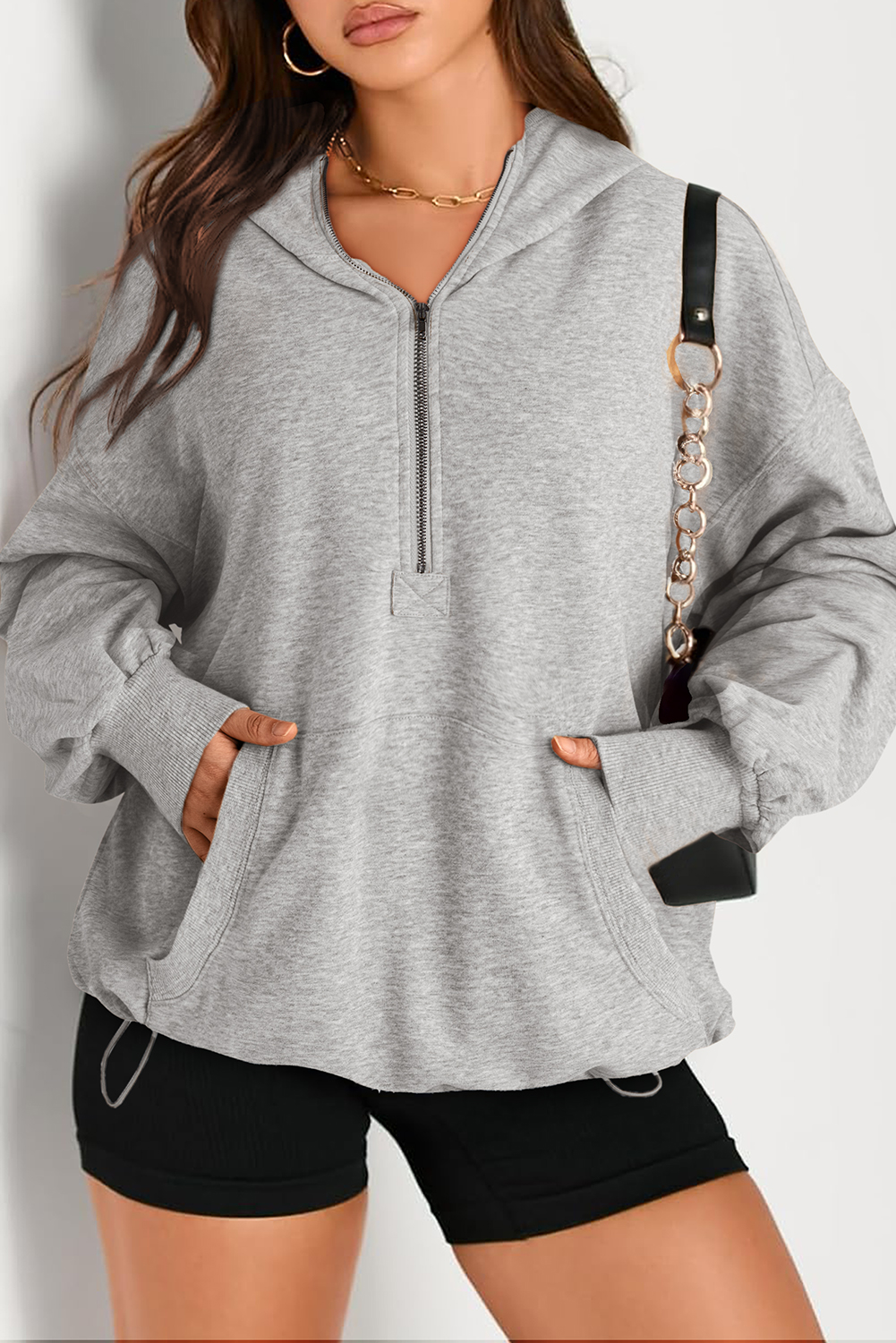 Light Grey Solid Kangaroo Pocket Half Zipper Oversized Hoodie - loveforevers