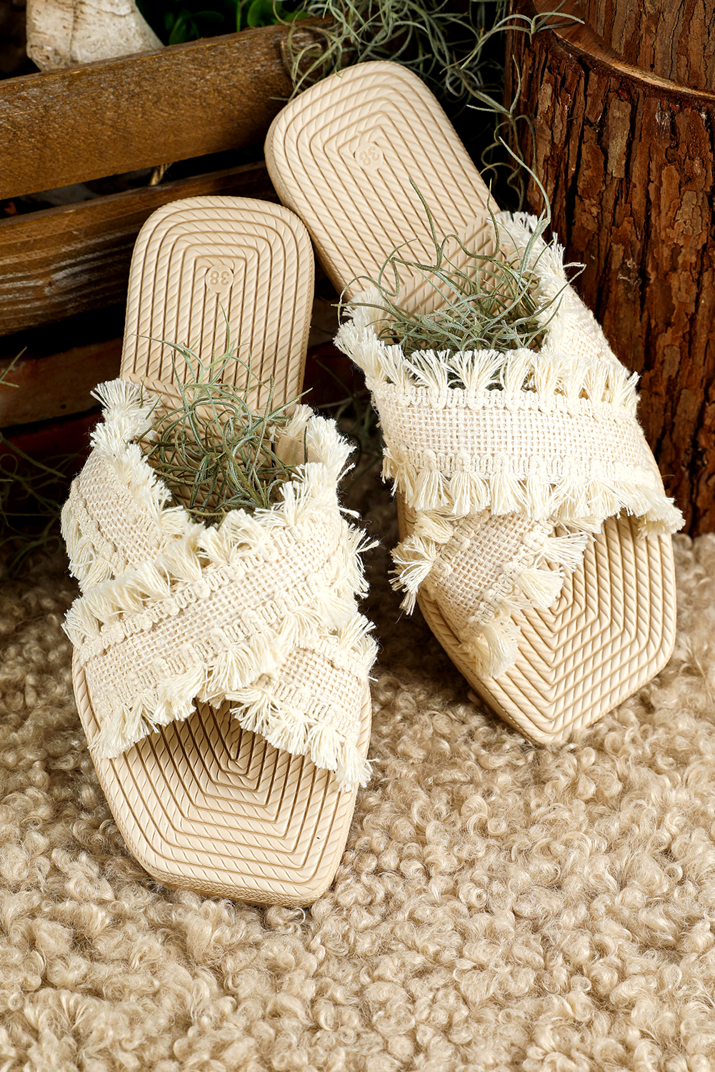 Beige Tassel Woven Crossed Straps Flat Slippers - loveforevers