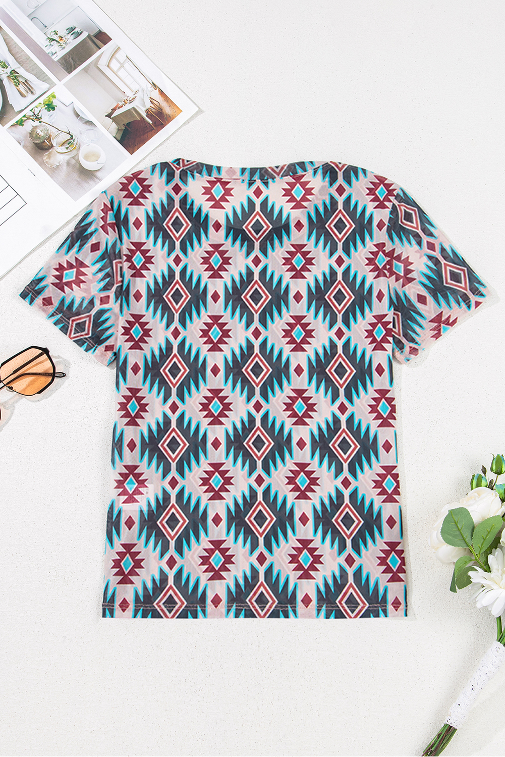 Blue Western Aztec Print Mesh Slim T Shirt - loveforevers