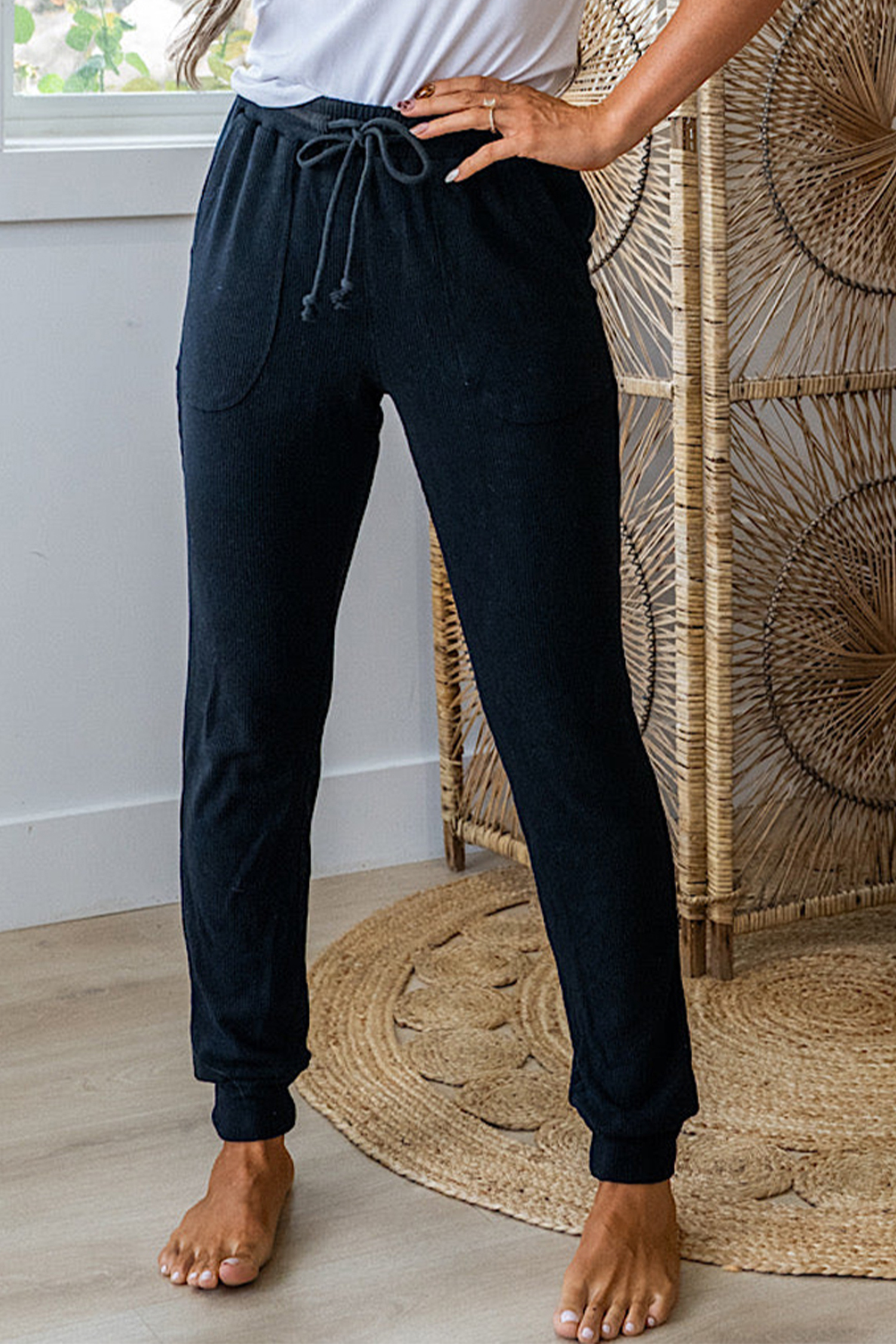 Black Ribbed Drawstring Active Jogger Pants - loveforevers