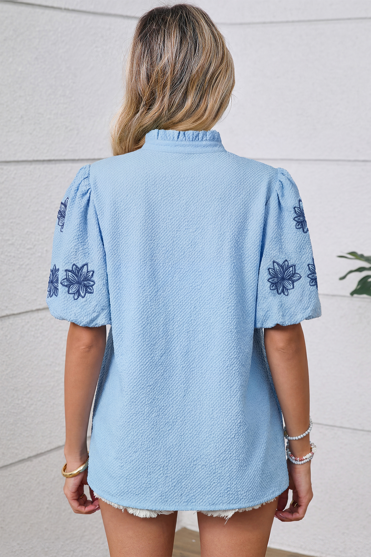 Beau Blue Flower Embroidered Puff Sleeve Split Neck Textured Blouse - loveforevers