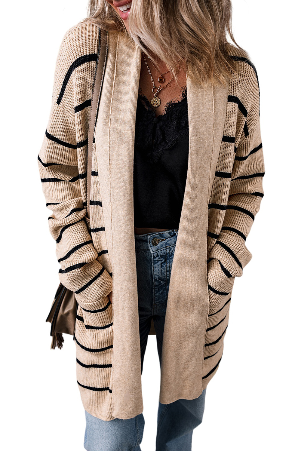 Black Stripe Shawl Neckline Open Cardigan with Pockets - loveforevers