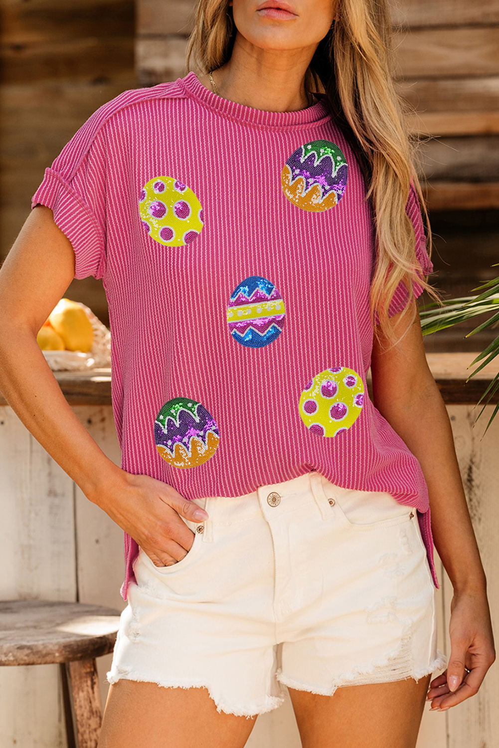 Rose Red Sequin Easter Egg Patched Graphic Crewneck Ribbed Tee - loveforevers