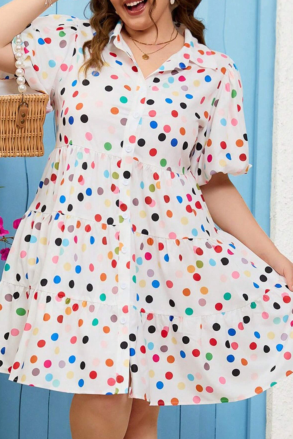 White Polka Dot Print Bubble Sleeve Button Up Plus Size Shirt Dress - loveforevers