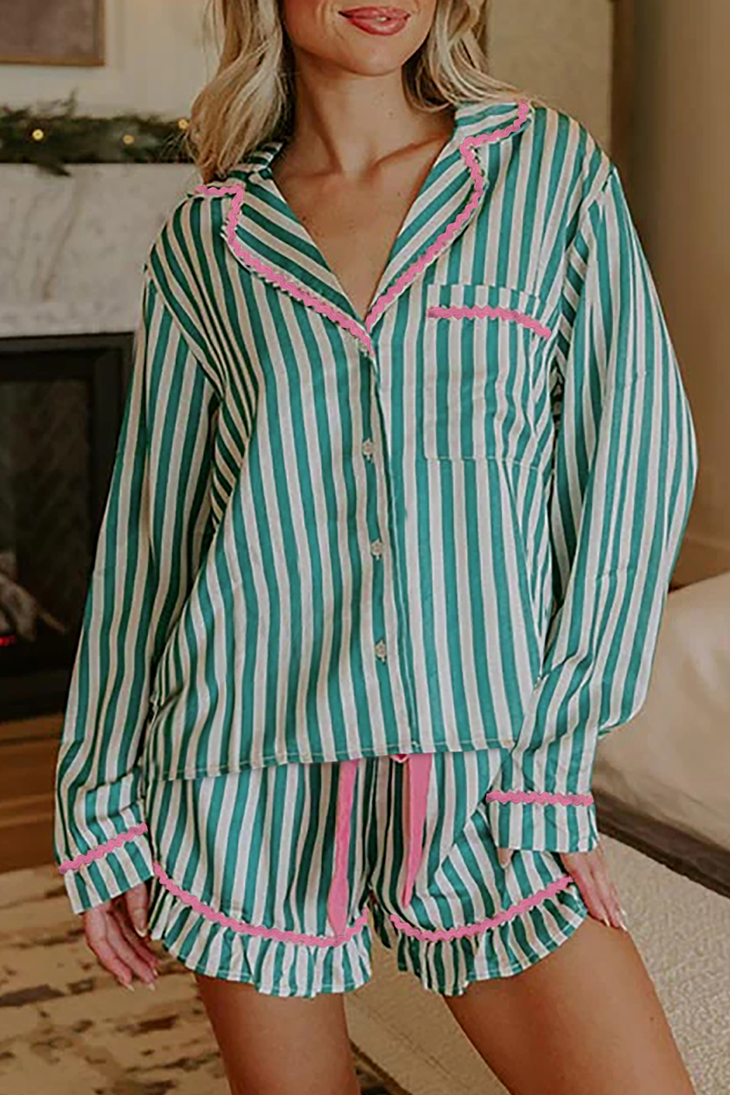 Green Stripe Contrast Ricrac Trim Long Sleeve Shirt Drawstring Ruffled Pajama Short Set - loveforevers
