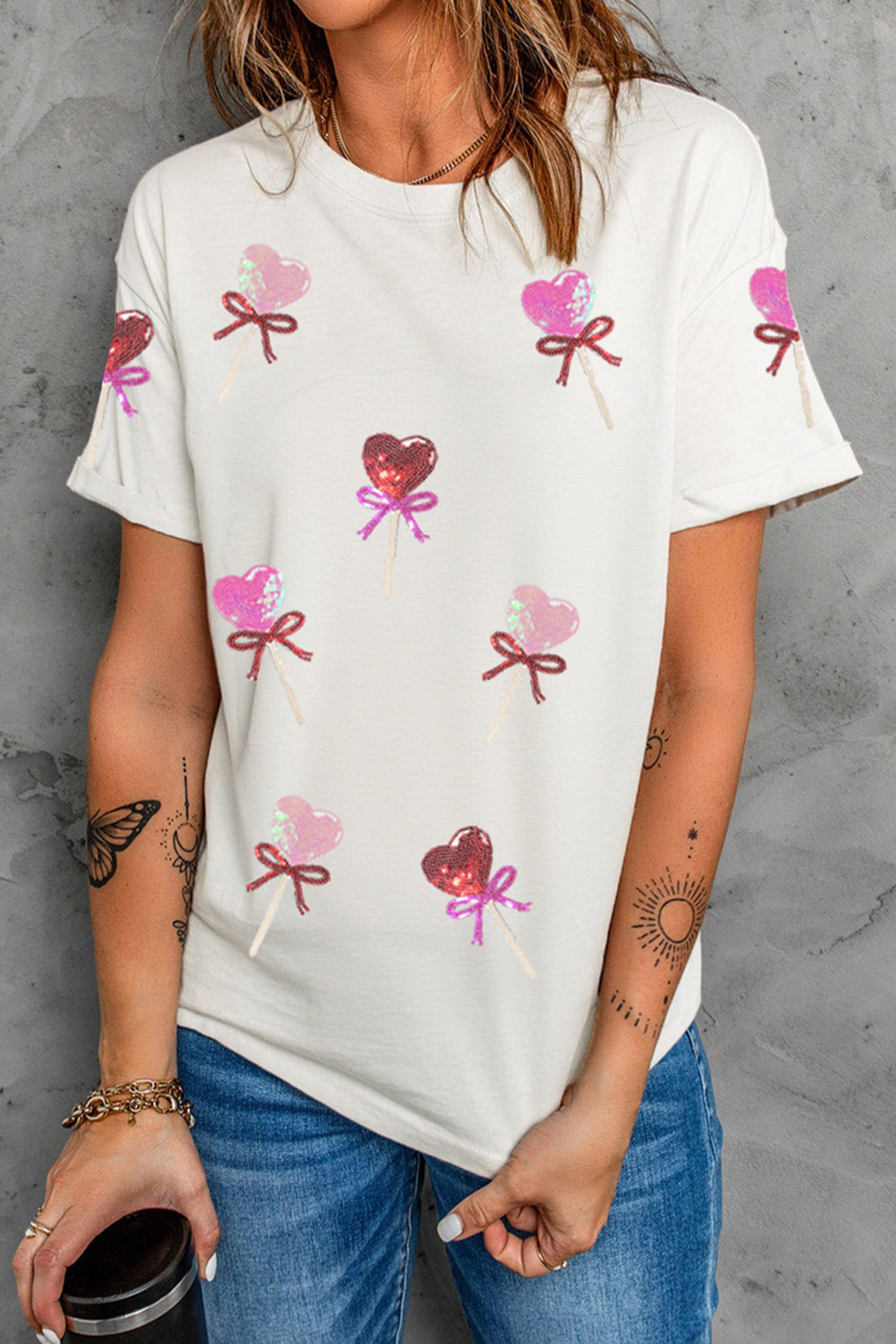 White Sequin Bow Heart Shape Lolly Valentines Day Graphic Tee - loveforevers