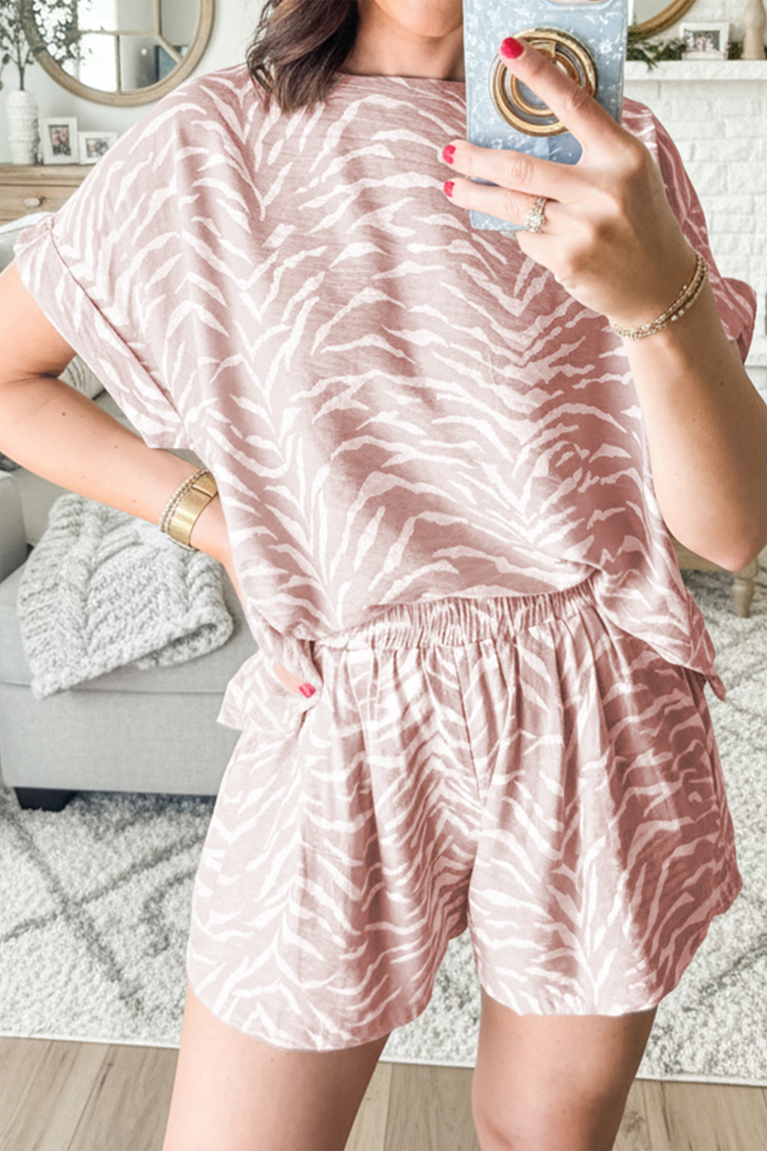 Khaki Abstract Print Cuffed Short Sleeve Loose Top Short Set - loveforevers