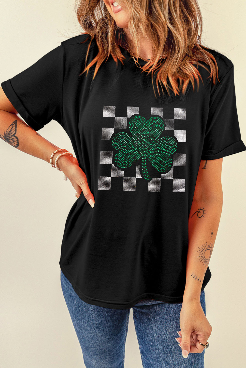 Black Clover Checkered Rhinestone Crew Neck T Shirt - loveforevers