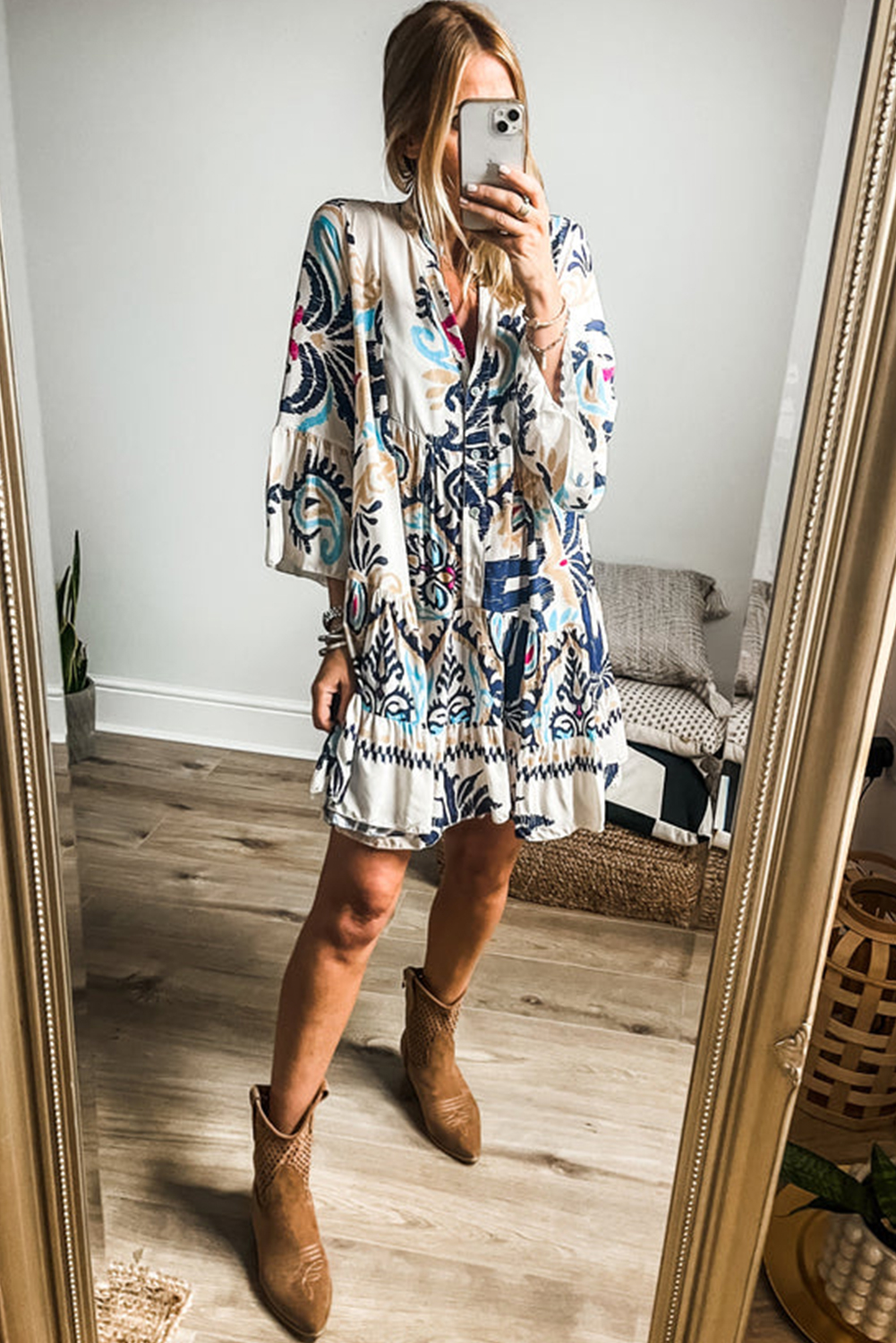 White Printed Tribal Bracelet Sleeve Buttoned Mini Dress - loveforevers