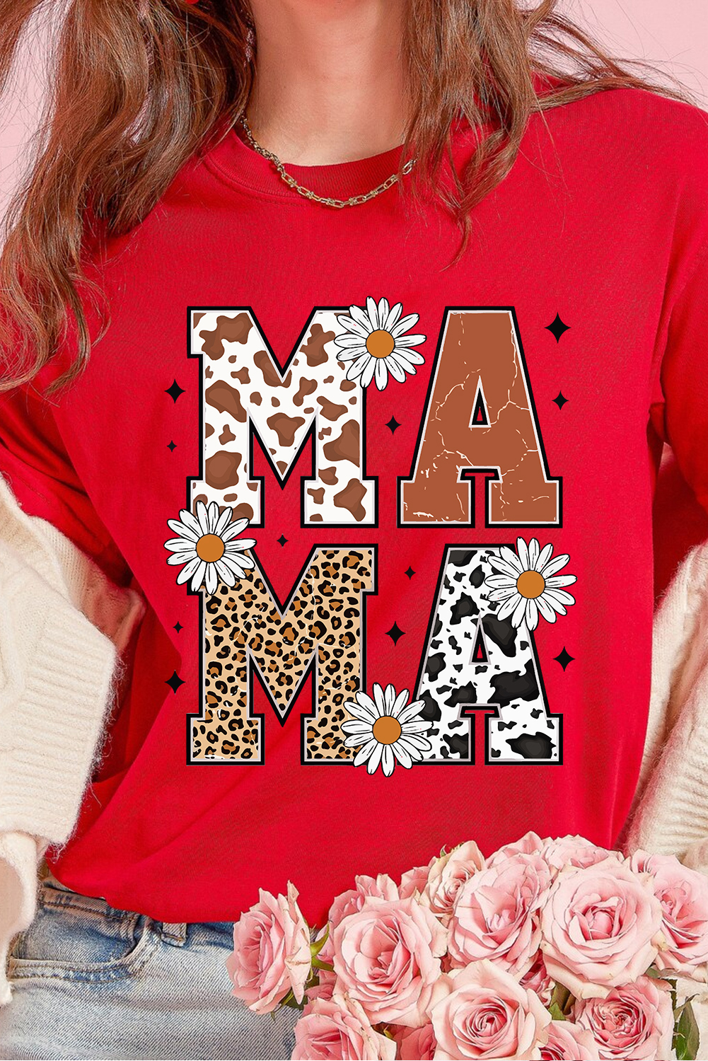 Red Western Animal Spots MAMA Letter Daisy Flower Printed Tee - loveforevers