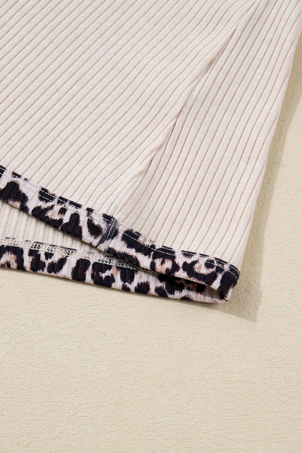 Parchment Ribbed Contrast Leopard Edge Round Neck Plus Knit Top - loveforevers