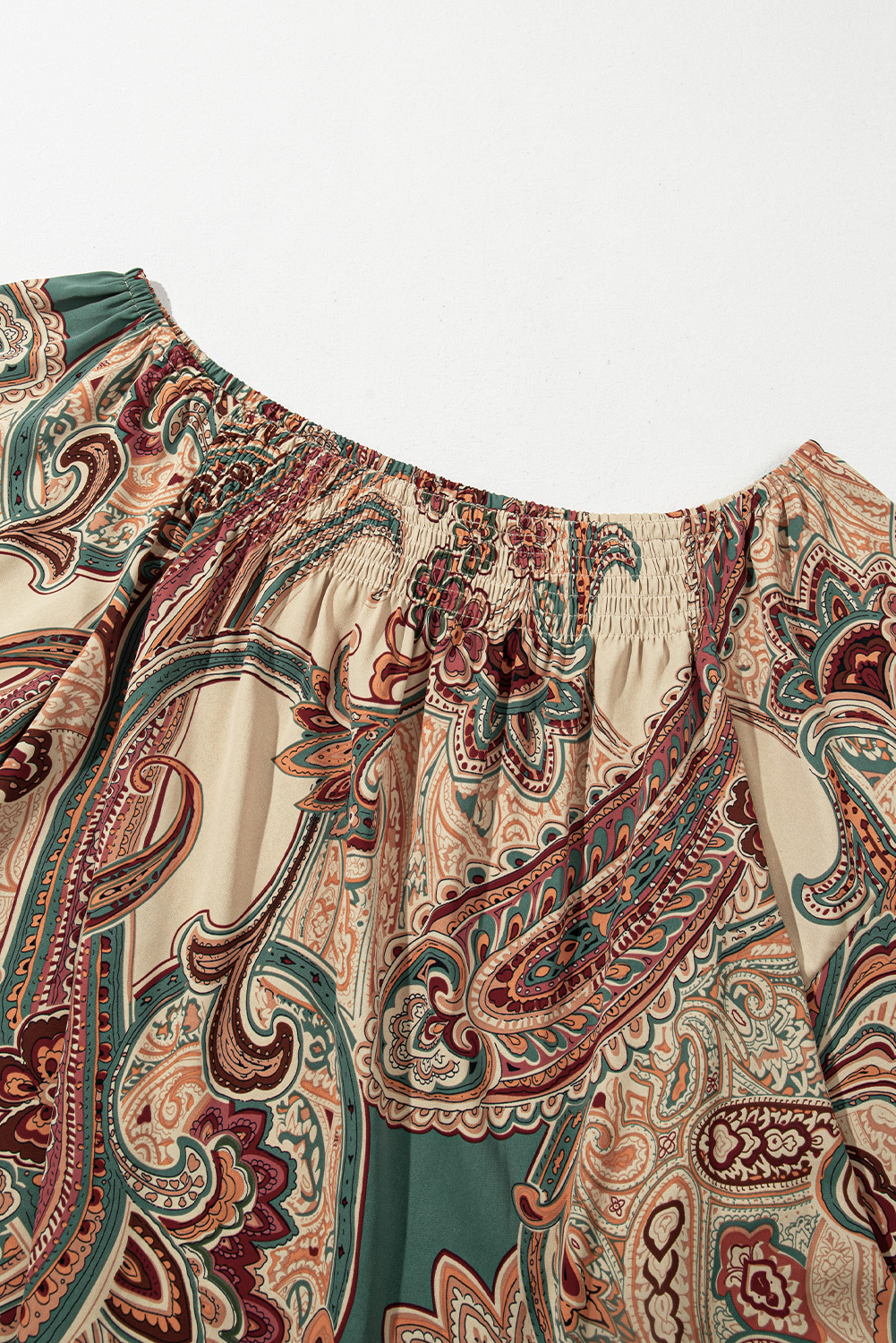 Apricot Paisley Printed Shirred Off Shoulder Ruffled Draped Sleeve Blouse - loveforevers