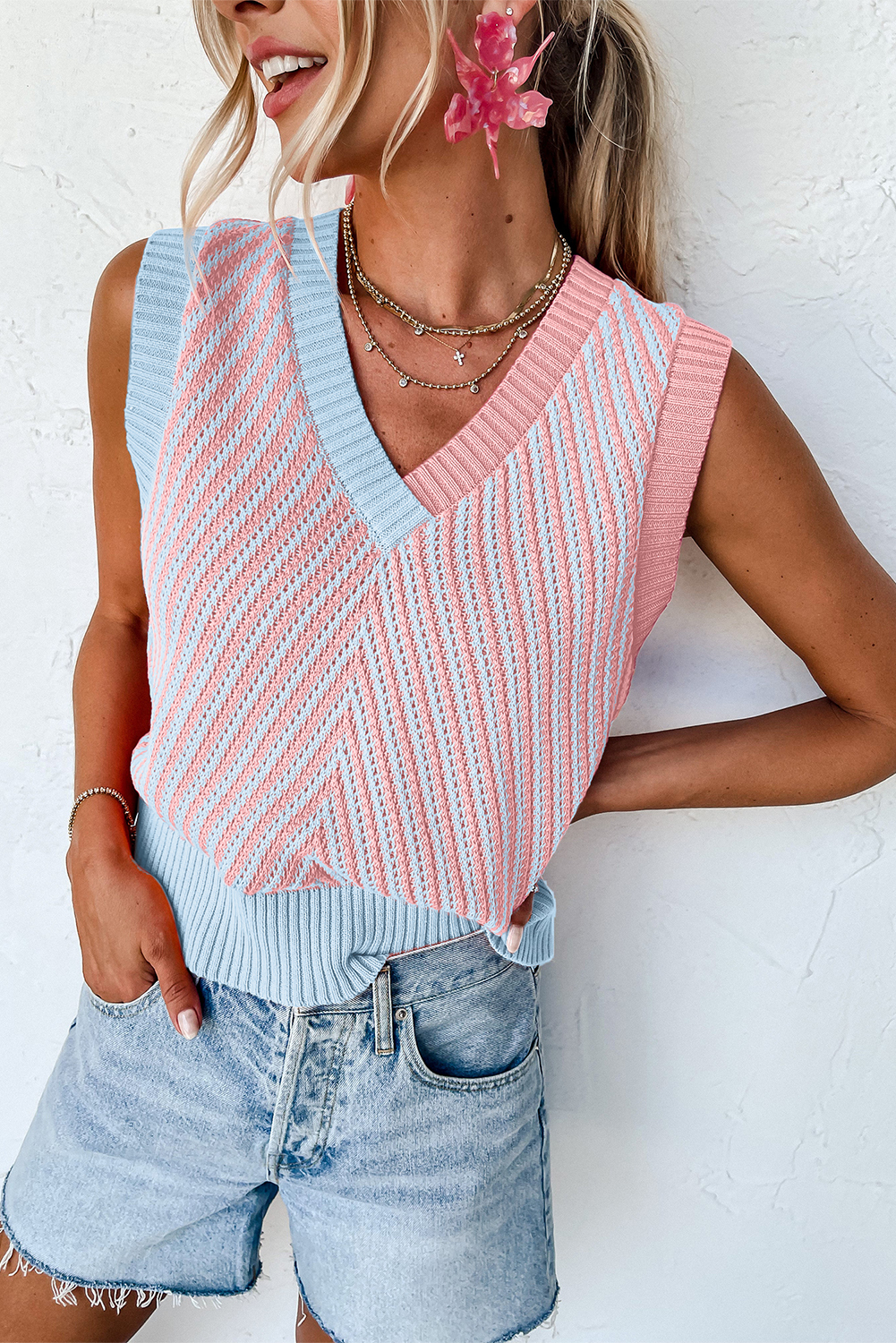 Black Contrast Chevron Knit V Neck Sweater Vest - loveforevers