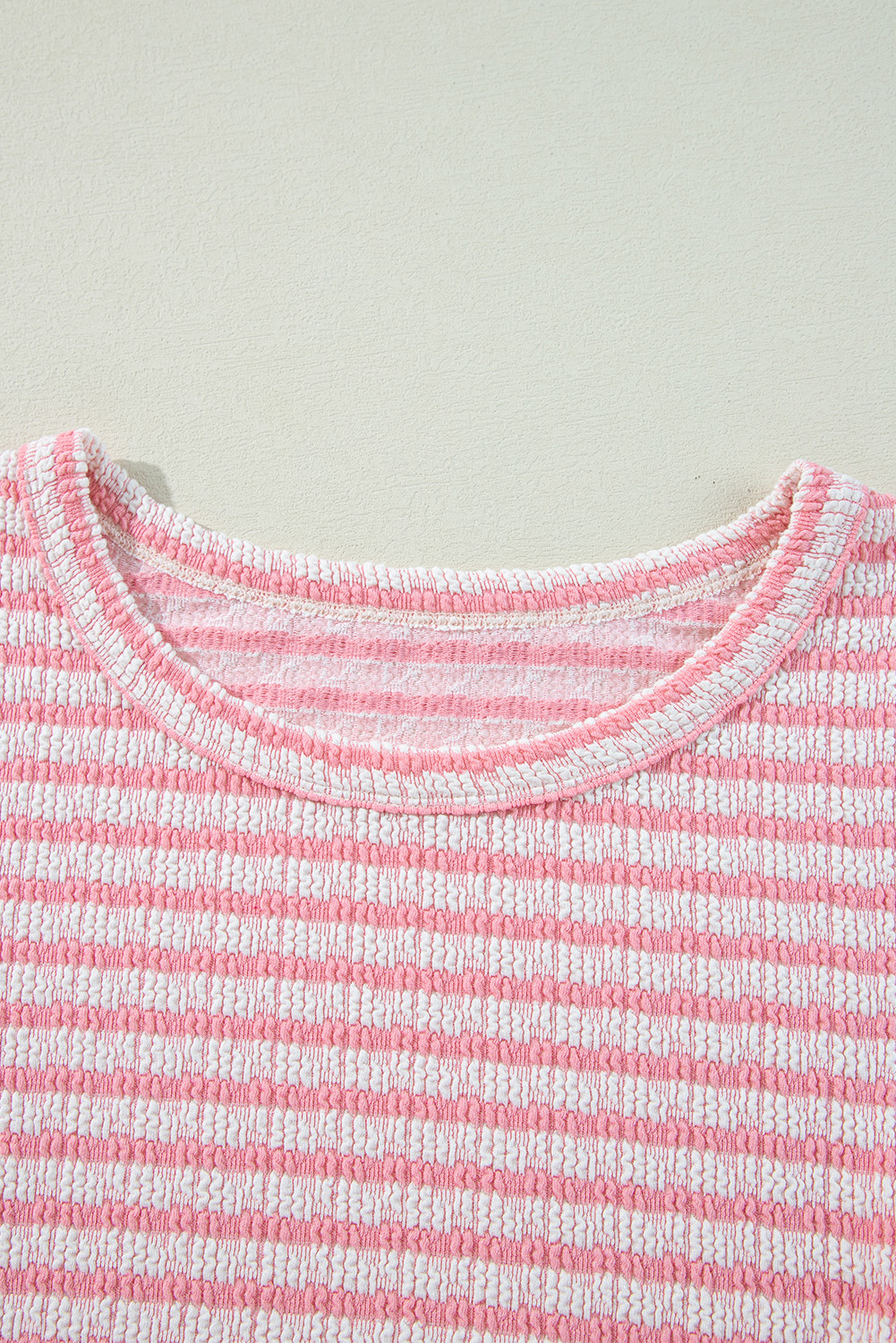 Pink Stripe Textured Puff Sleeve Crewneck Top - loveforevers