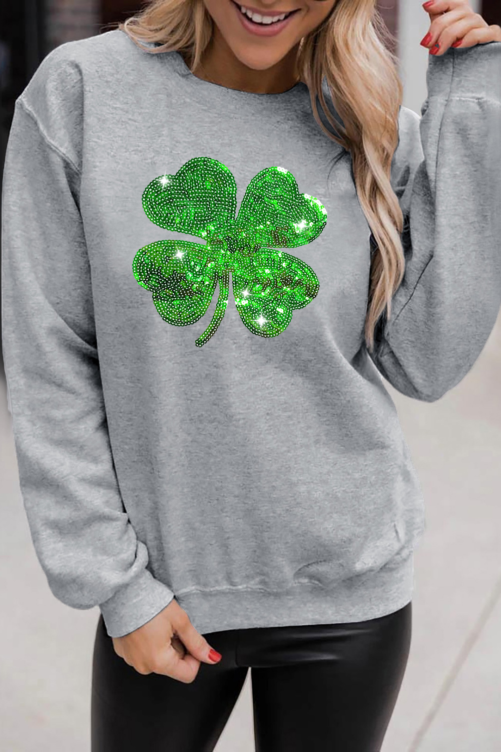 Gray Sequined Clover Patch St Patrick Fashion Sweatshirt - loveforevers