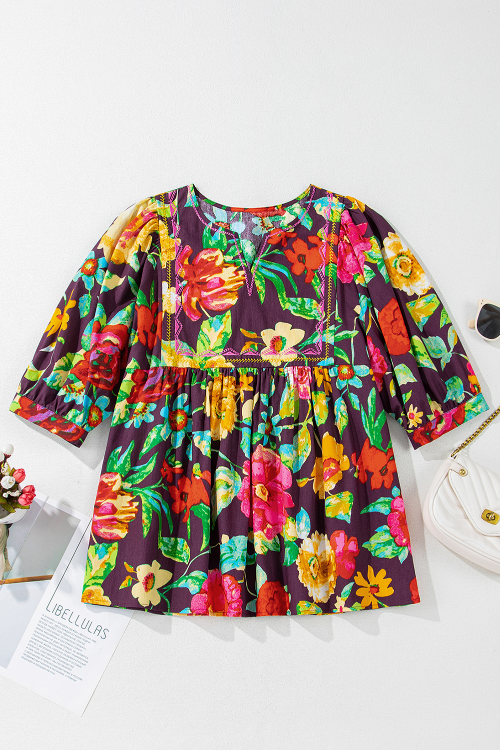 Greyish Purple Rose Flower Embroidered Trim Half Sleeve Blouse - loveforevers