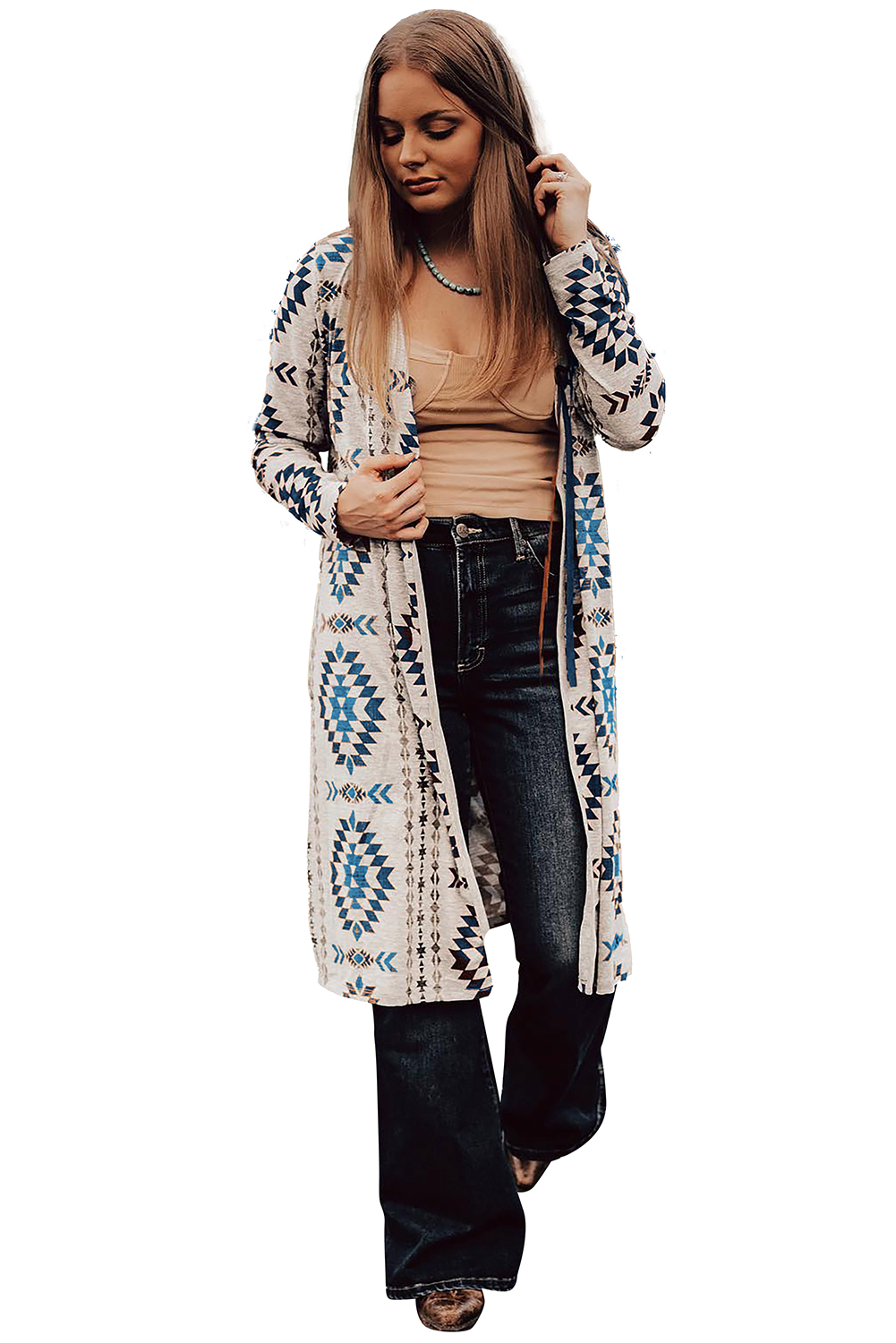 Brown Western Aztec Printed Open Front Long Cardigan - loveforevers