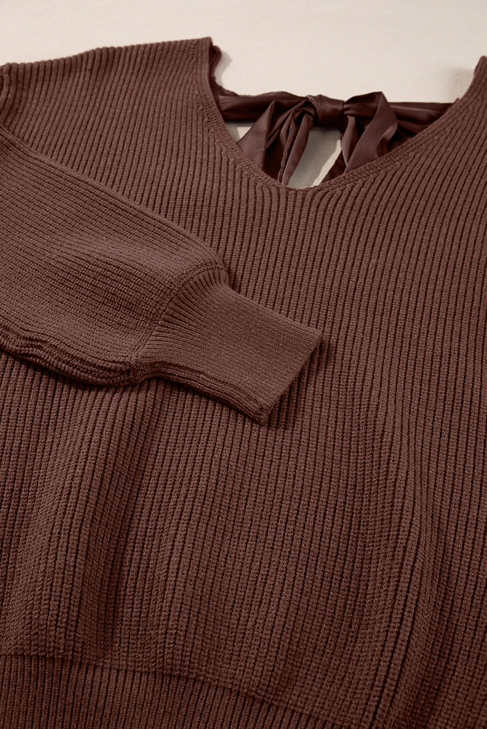 Racing Red Lantern Sleeve V Neck Knot Back Sweater - loveforevers