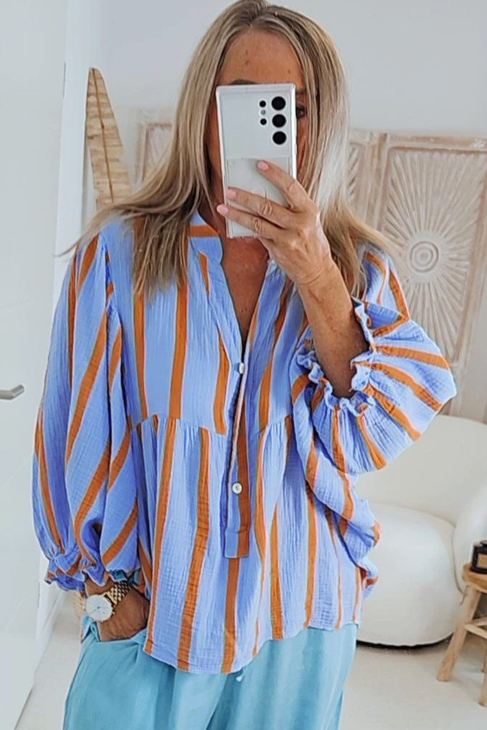 Sky Blue Stripe Crinckled Ruffled Sleeve Button up Loose Shirt - loveforevers