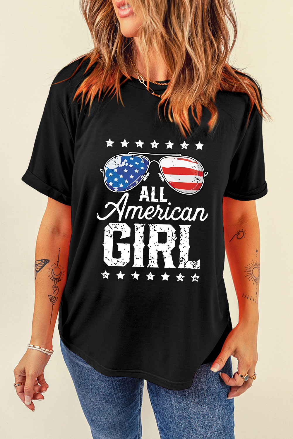 Black Stars and Stripes Glasses Slogan Graphic T Shirt - loveforevers